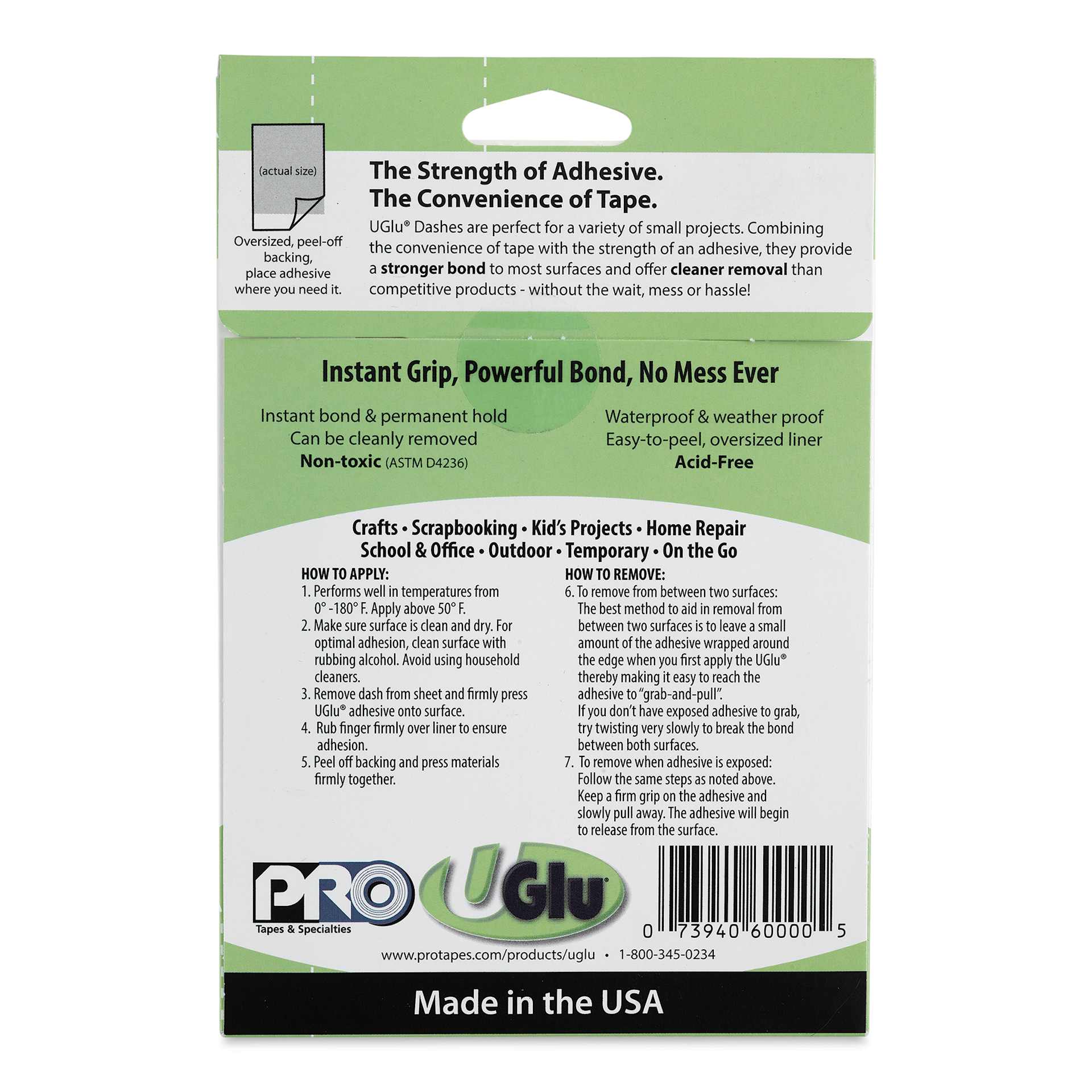 Pro Tapes UGlu Dashes Mounting Strips - Pkg of 160, back of the packaging