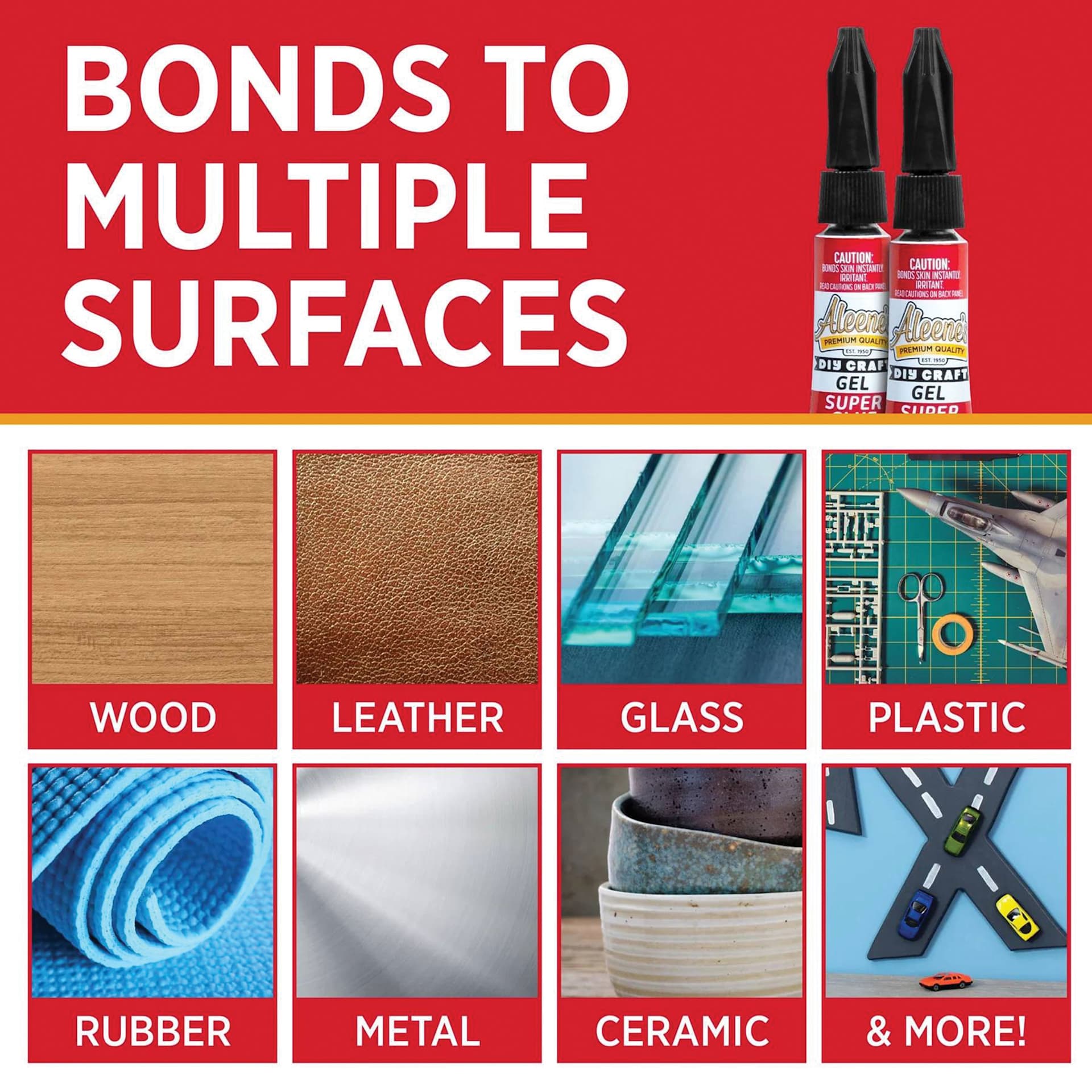 Bonds to multiple surfaces: wood, leather, glass, plastic. rubber,metal, ceramic, and more!