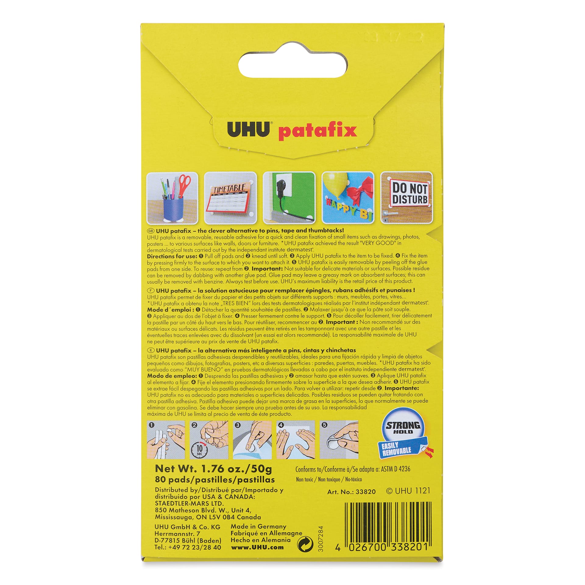 UHU Patafix Removable Adhesive Putty, back of the packaging