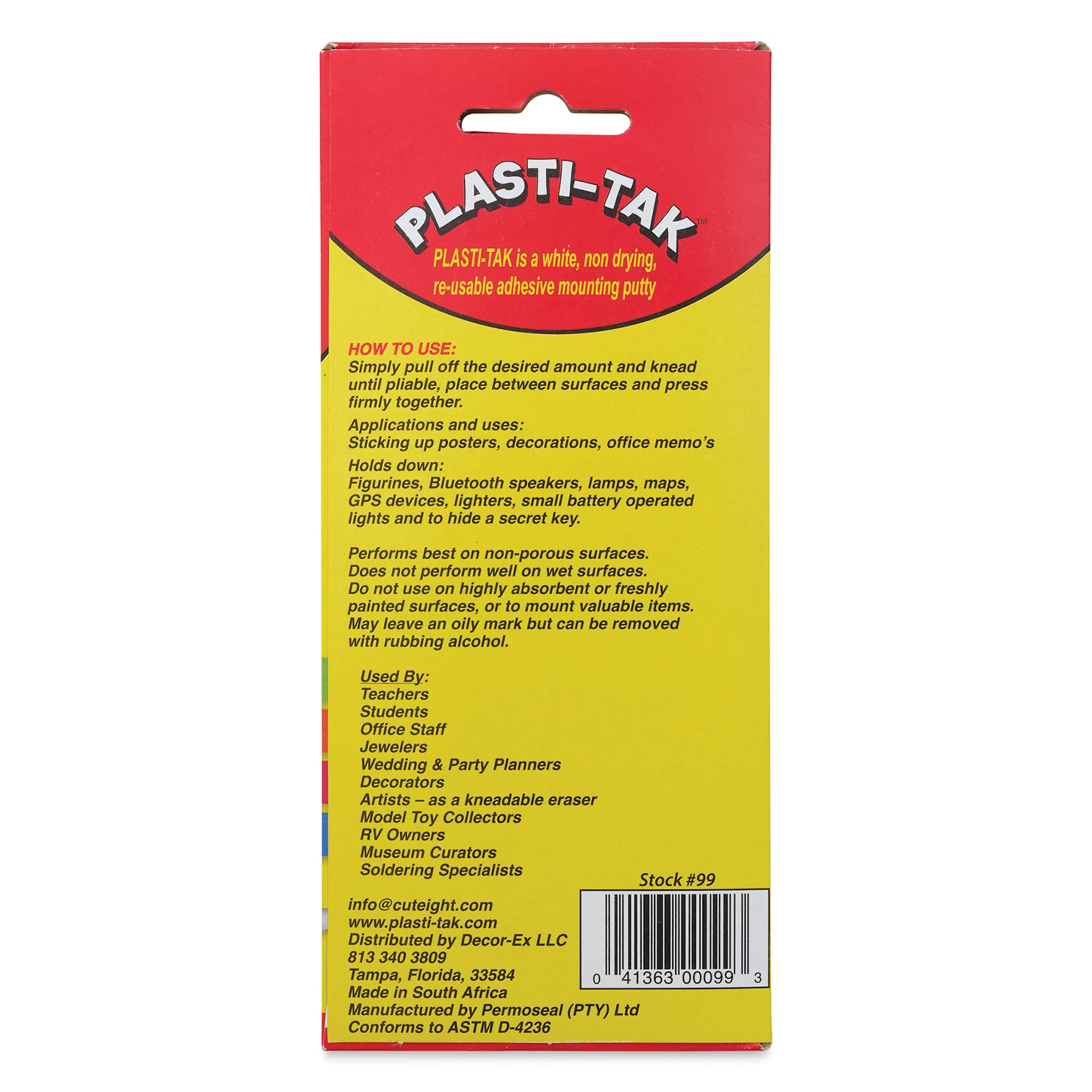 Plasti-Tak Reusable Adhesive Putty - 3 oz, back of the packaging