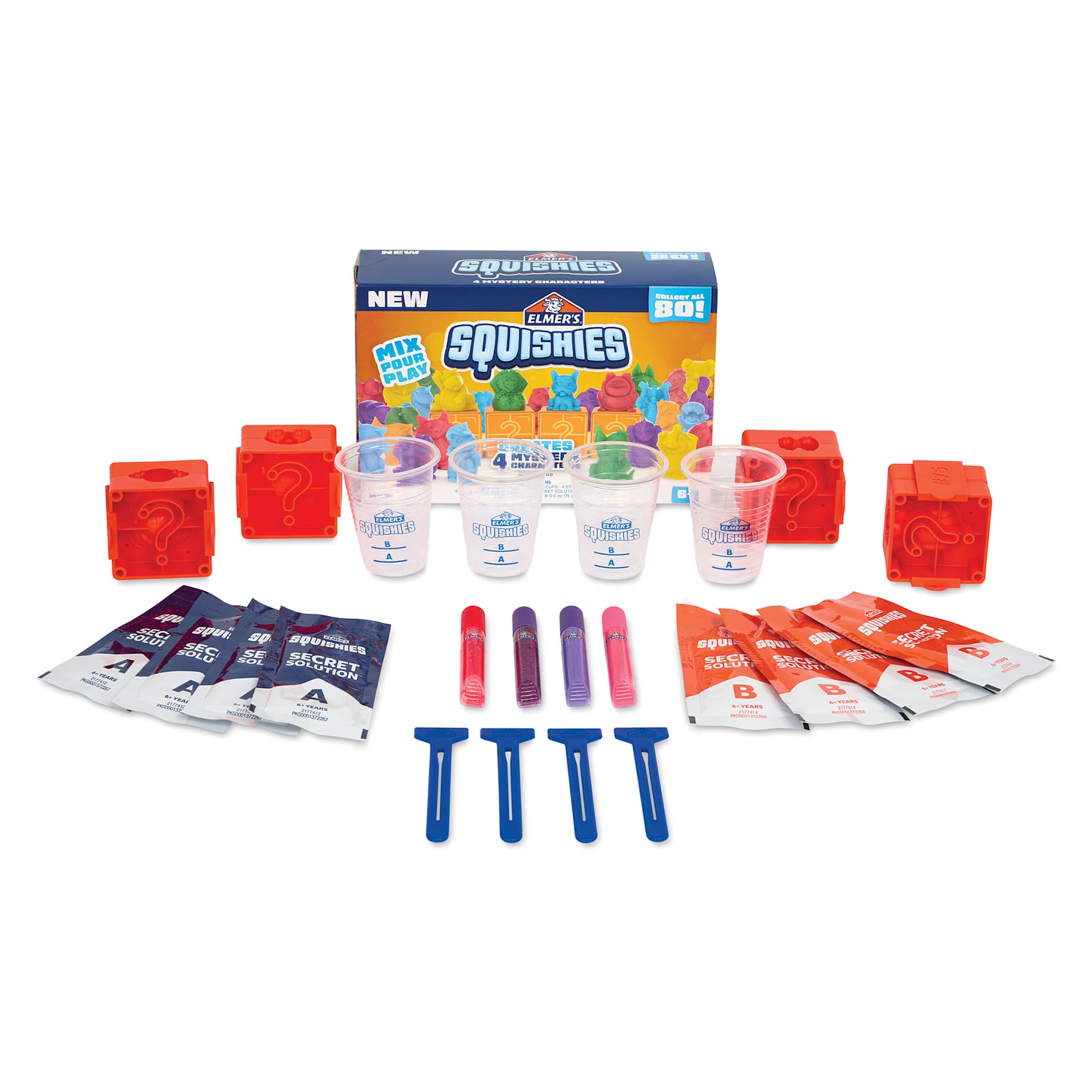 Elmer's Squishies Kit - Mystery Character, Pkg of 4, contents laid out