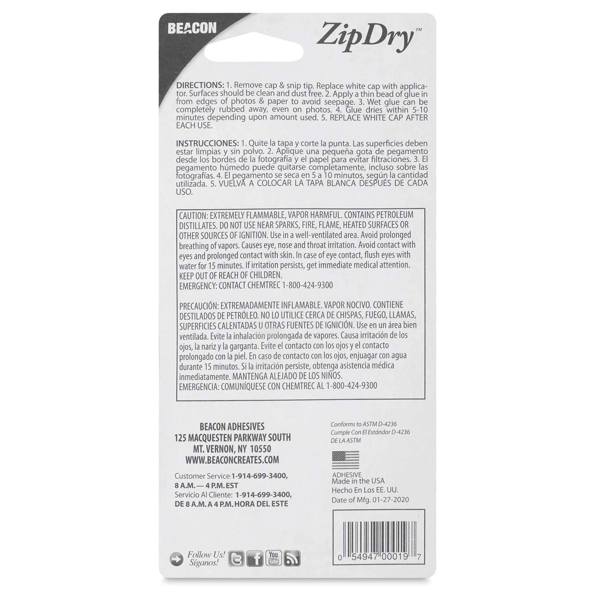 Beacon Zip Dry Paper Art Glue - 2 oz, back of the packaging