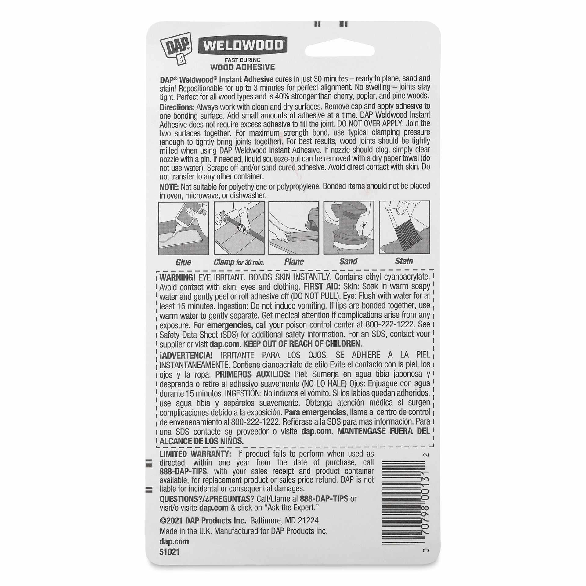 DAP Weldwood Instant Wood Adhesive - back of packaging