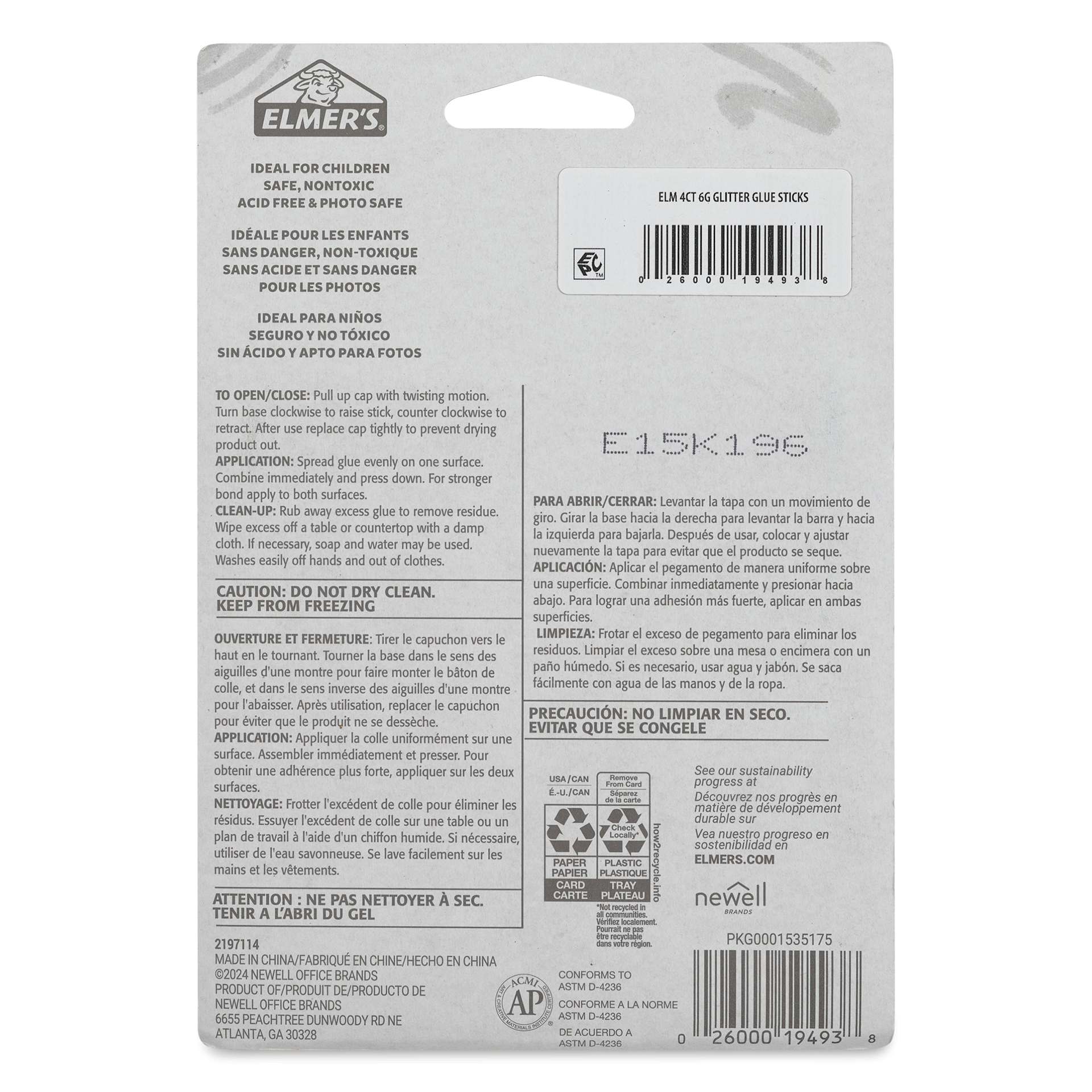 Elmer's Color n Glitz Glitter Glue Sticks - 6 g, Pkg of 4 - back of packaging