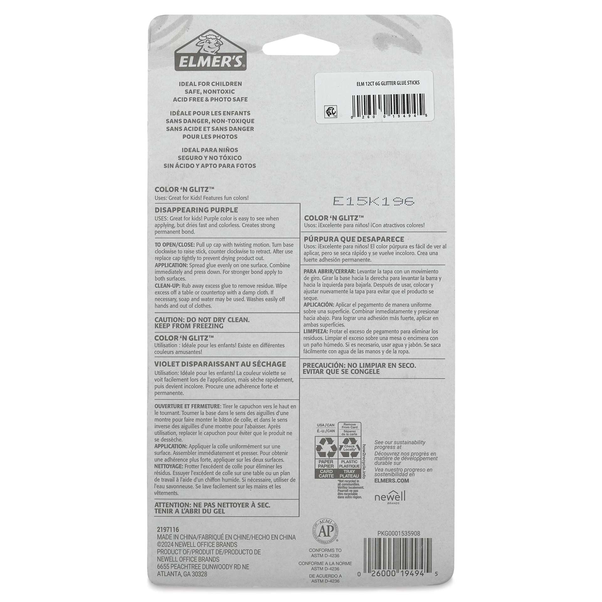 Elmer's Color n Glitz Glitter Glue Sticks - 6 g, Pkg of 12 - back of packaging