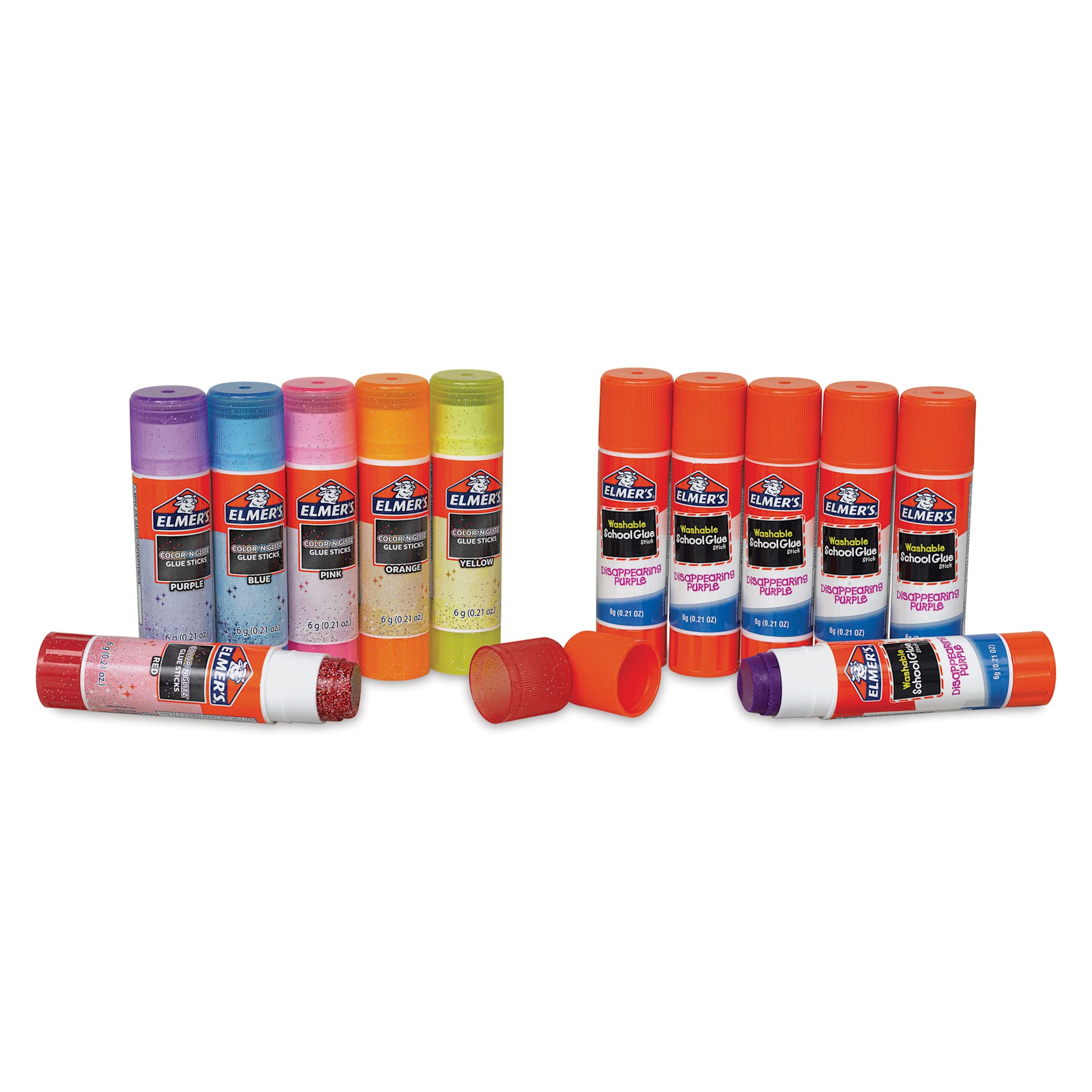 Elmer's Color n Glitz Glitter Glue Sticks - 6 g, Pkg of 12 - with caps off of two sticks
