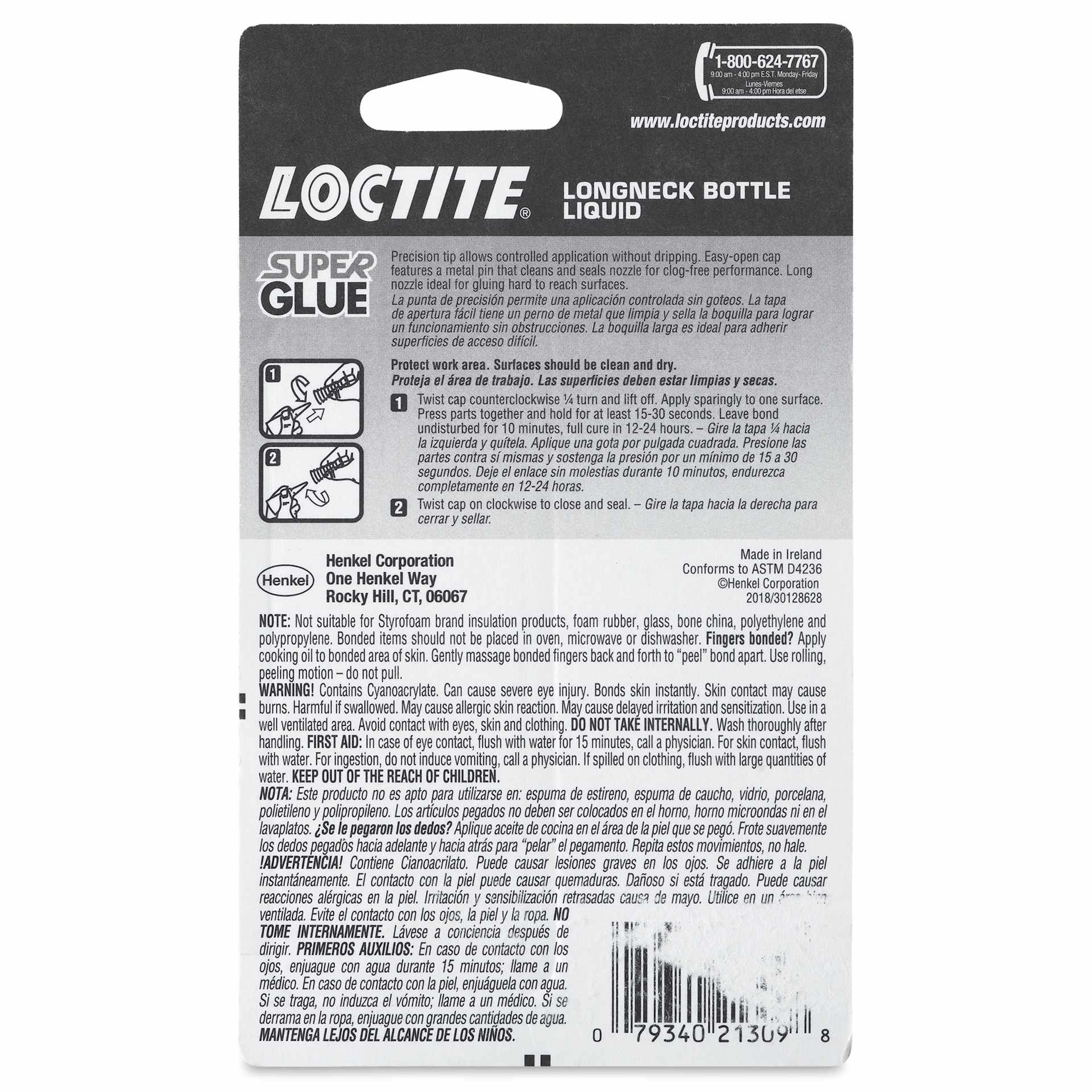 Loctite Super Glue - Precision Longneck Bottle, 0.18 oz - back of packaging