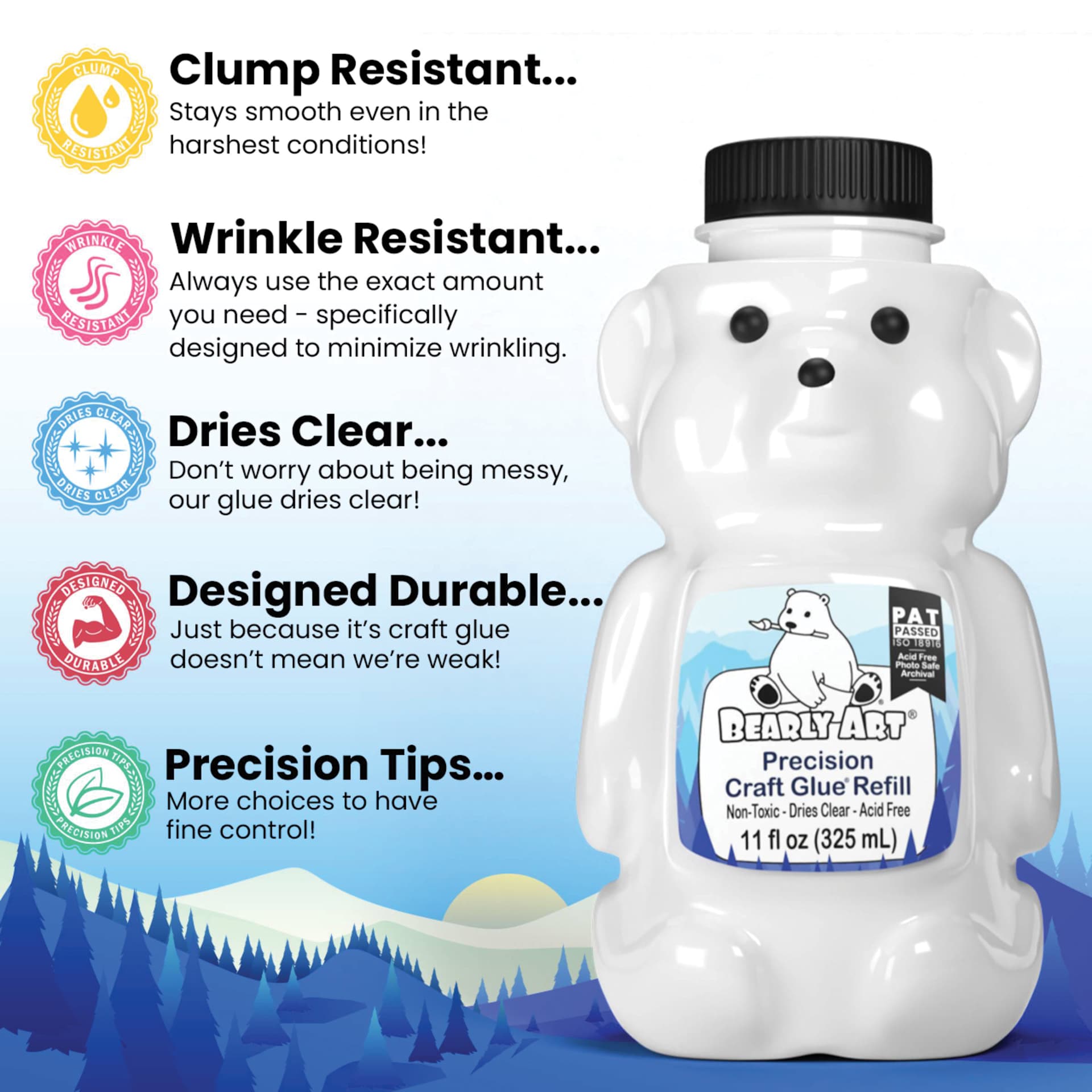 Bearly Art Precision Craft Glue Bear Refill - 11 oz - clump resistant, wrinkle resistant, dries clear, designed durable, precision tips