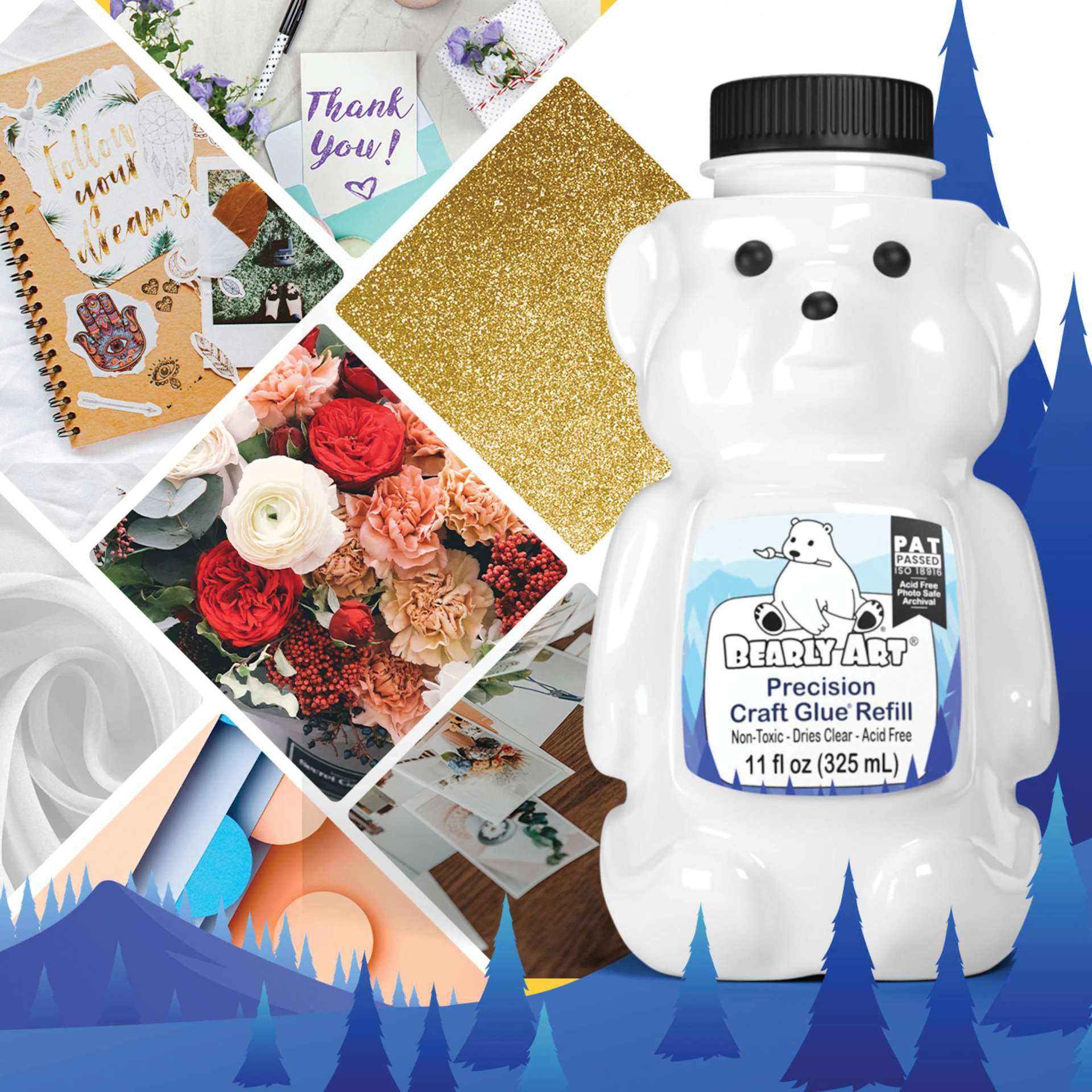 Bearly Art Precision Craft Glue Bear Refill - 11 oz - bottle next to crafting examples