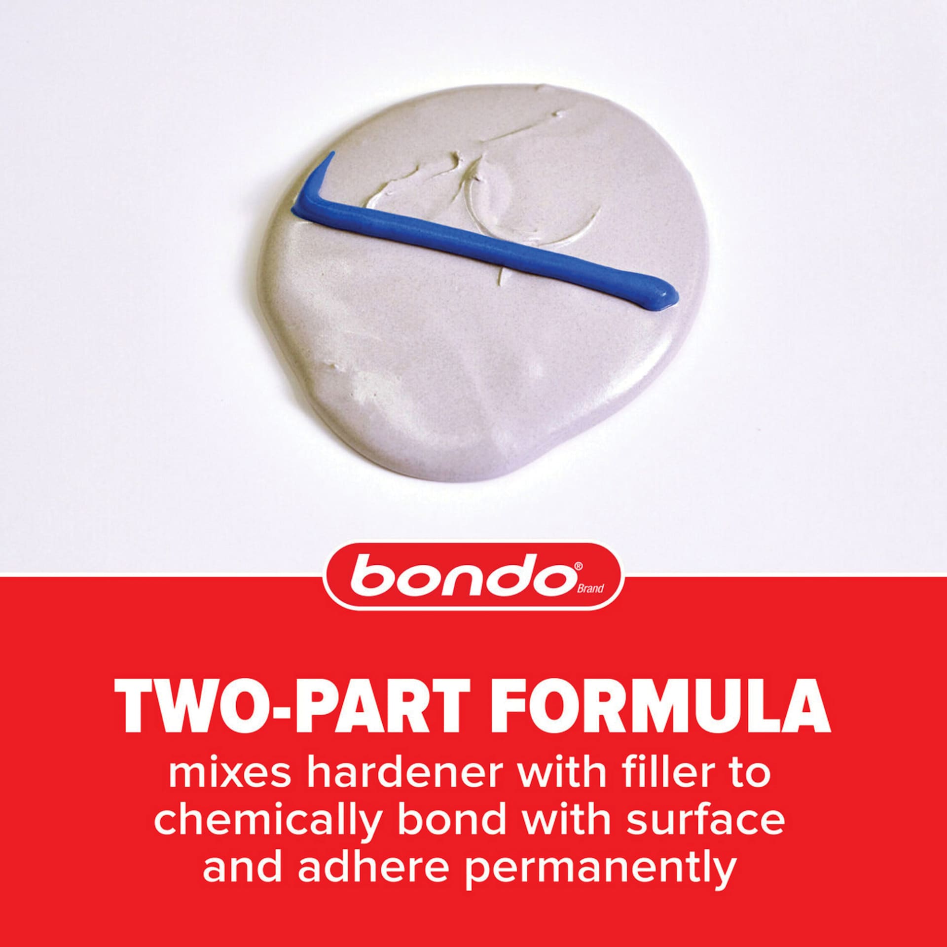 Two-Part Formula mixes hardener with filler to chemically bond with surface and adhere permanently