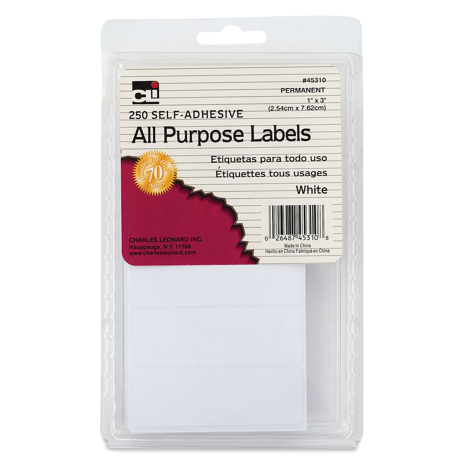 Charles Leonard Self-Adhesive All Purpose Removable Labels - Pkg of 250, 1" x 3" front of packaging