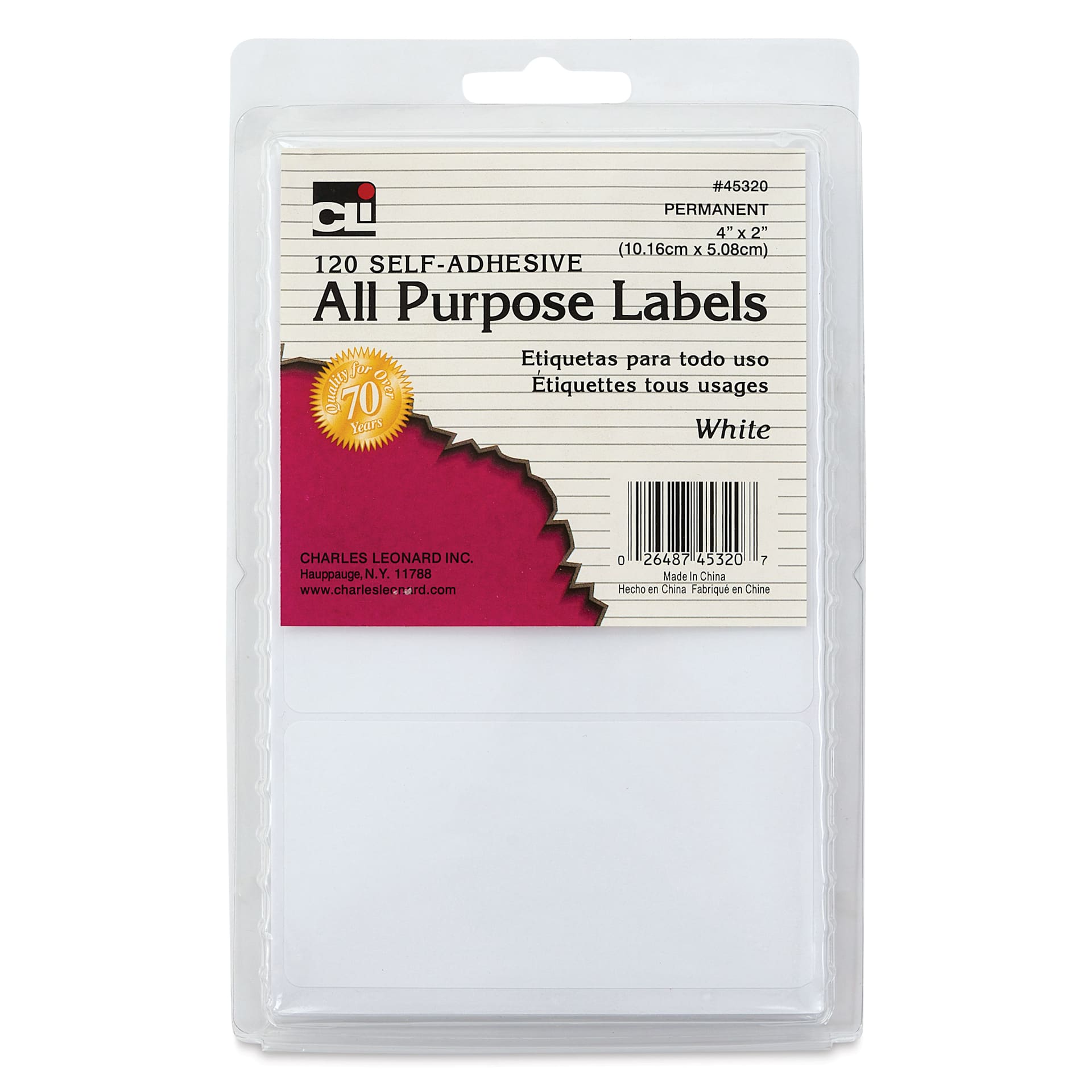 Charles Leonard Self-Adhesive All Purpose Removable Labels - Pkg of 120, 4" x 2" front of packaging