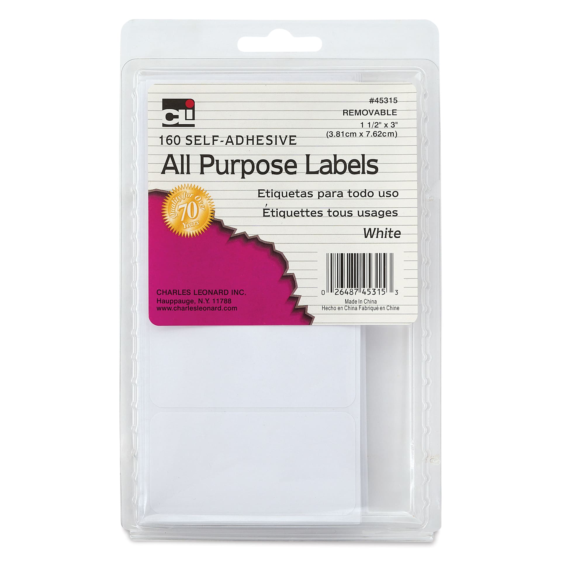 Charles Leonard Self-Adhesive All Purpose Removable Labels - Pkg of 160, 1-1/2" x 3" front of packaging