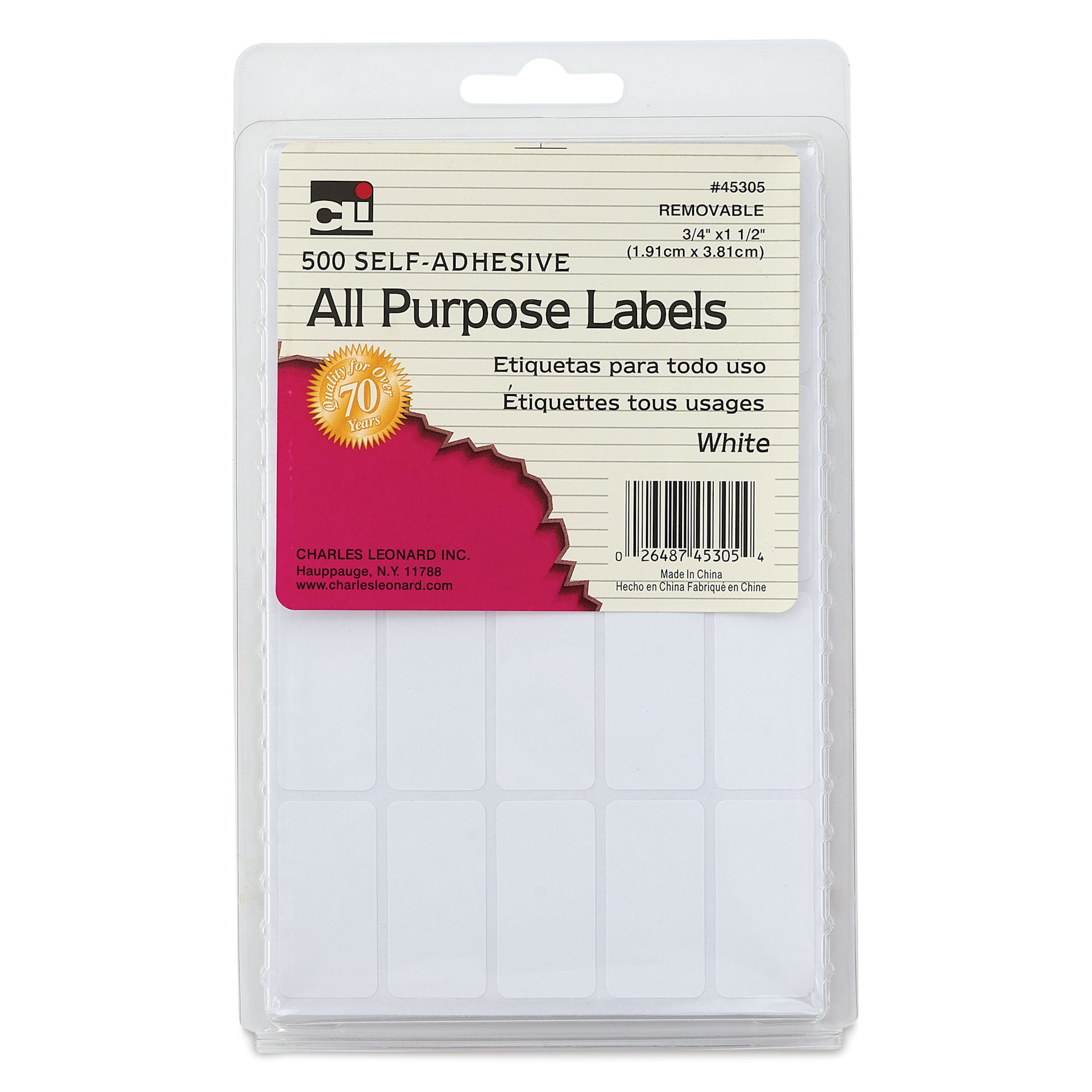Charles Leonard Self-Adhesive All Purpose Removable Labels - Pkg of 500, 3/4" x 1-1/2" front of packaging
