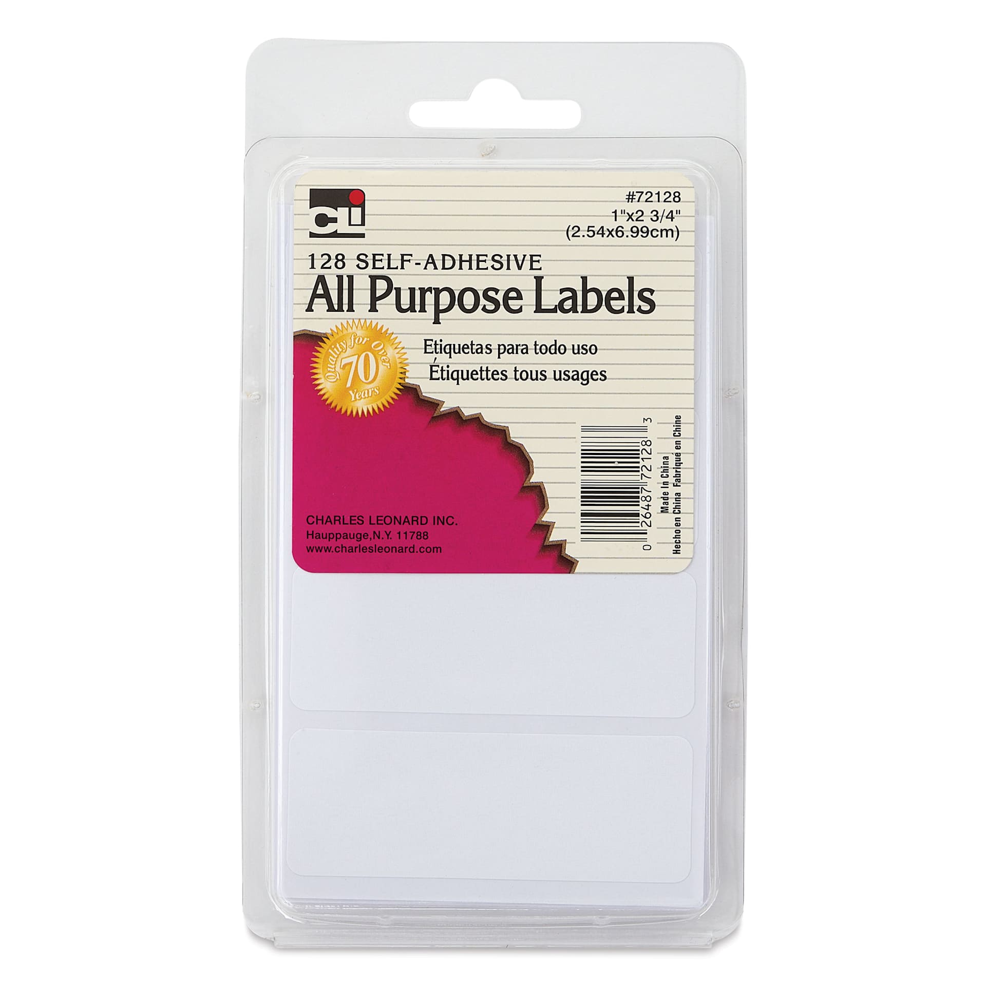 Charles Leonard Self-Adhesive All Purpose Label - Pkg of 128, 1" x 2-3/4" front of packaging