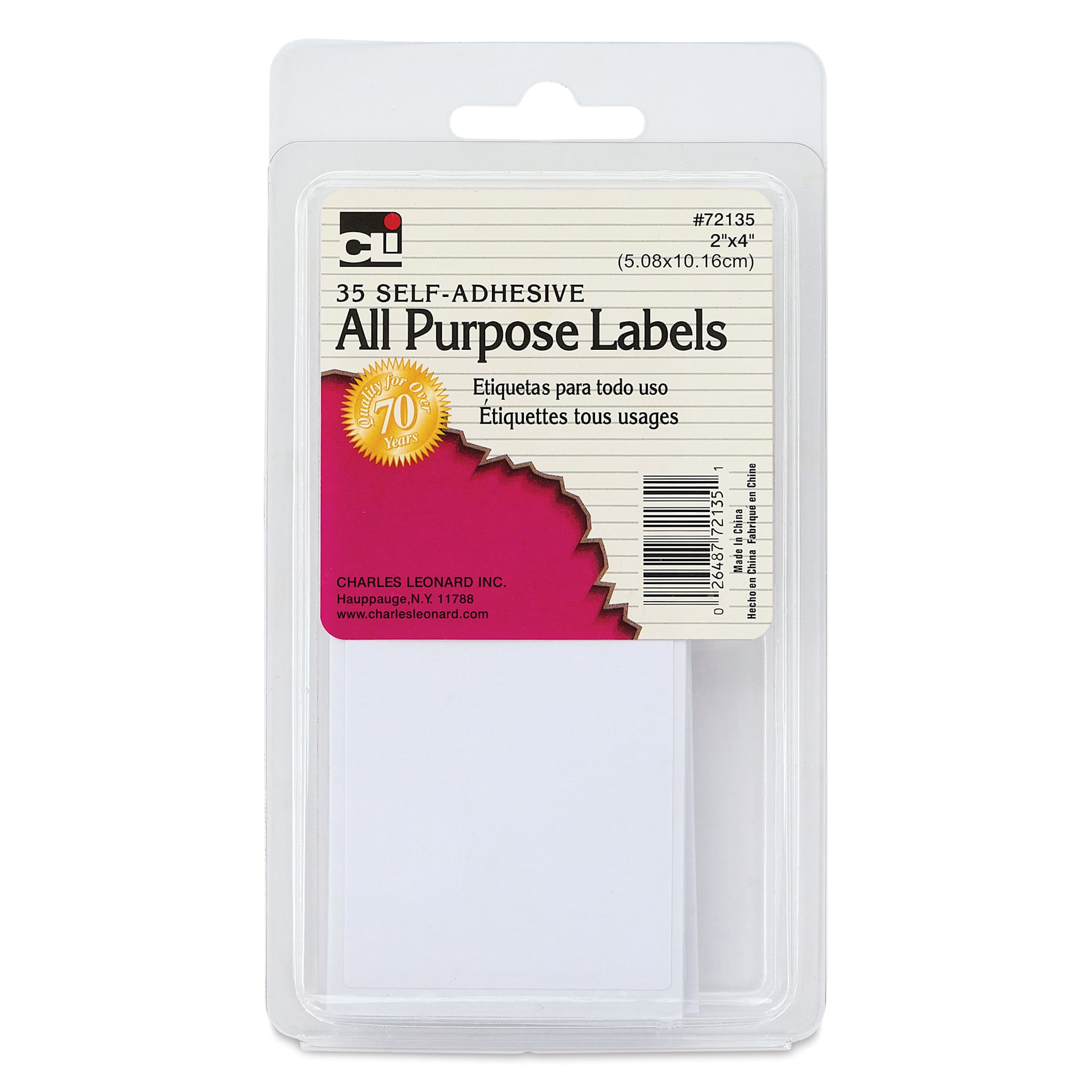 Charles Leonard Self-Adhesive All Purpose Label - Pkg of 35, 2" x 4" front of packaging