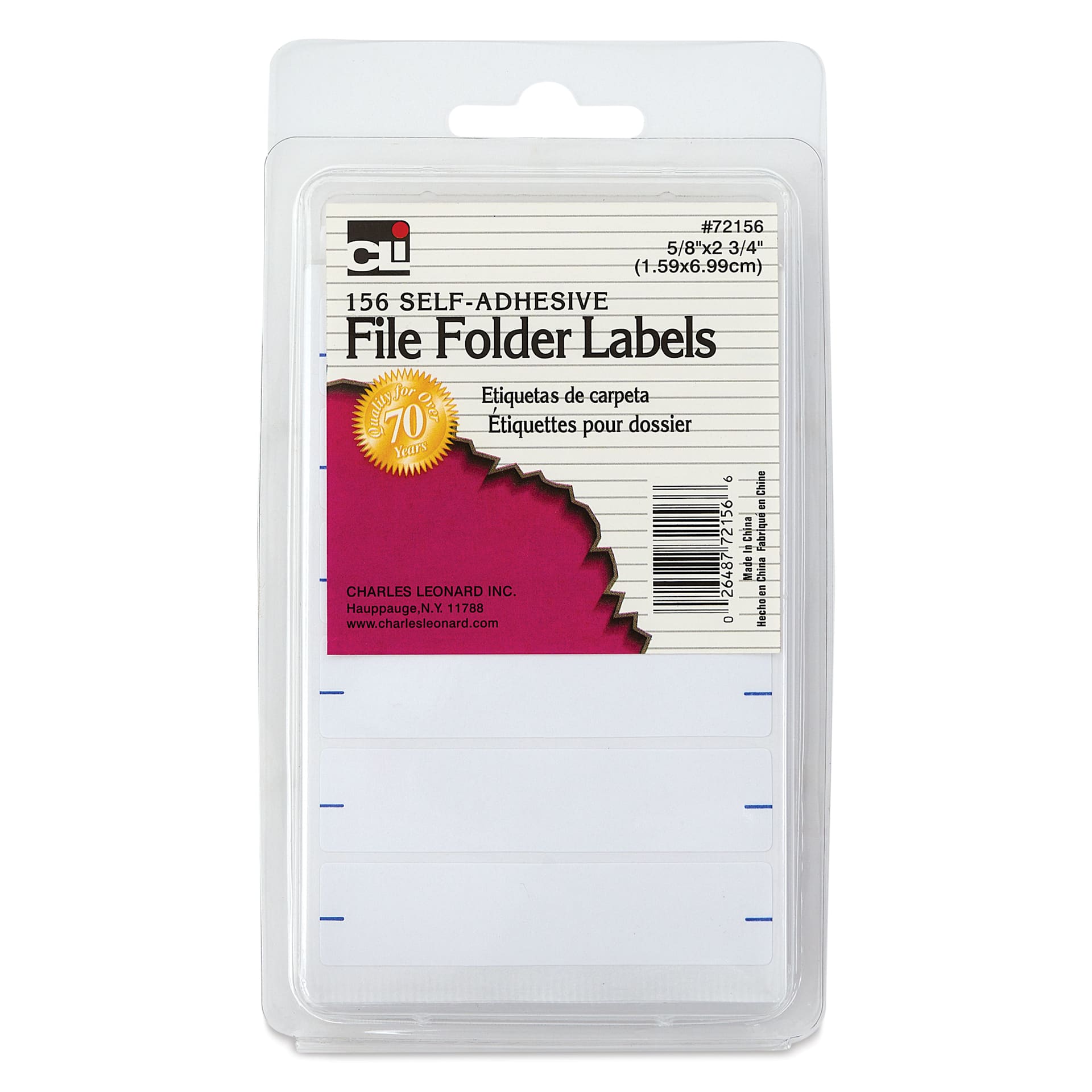 Charles Leonard File Folder Labels - Pkg of 156, 5/8" x 2-3/4" front of packaging