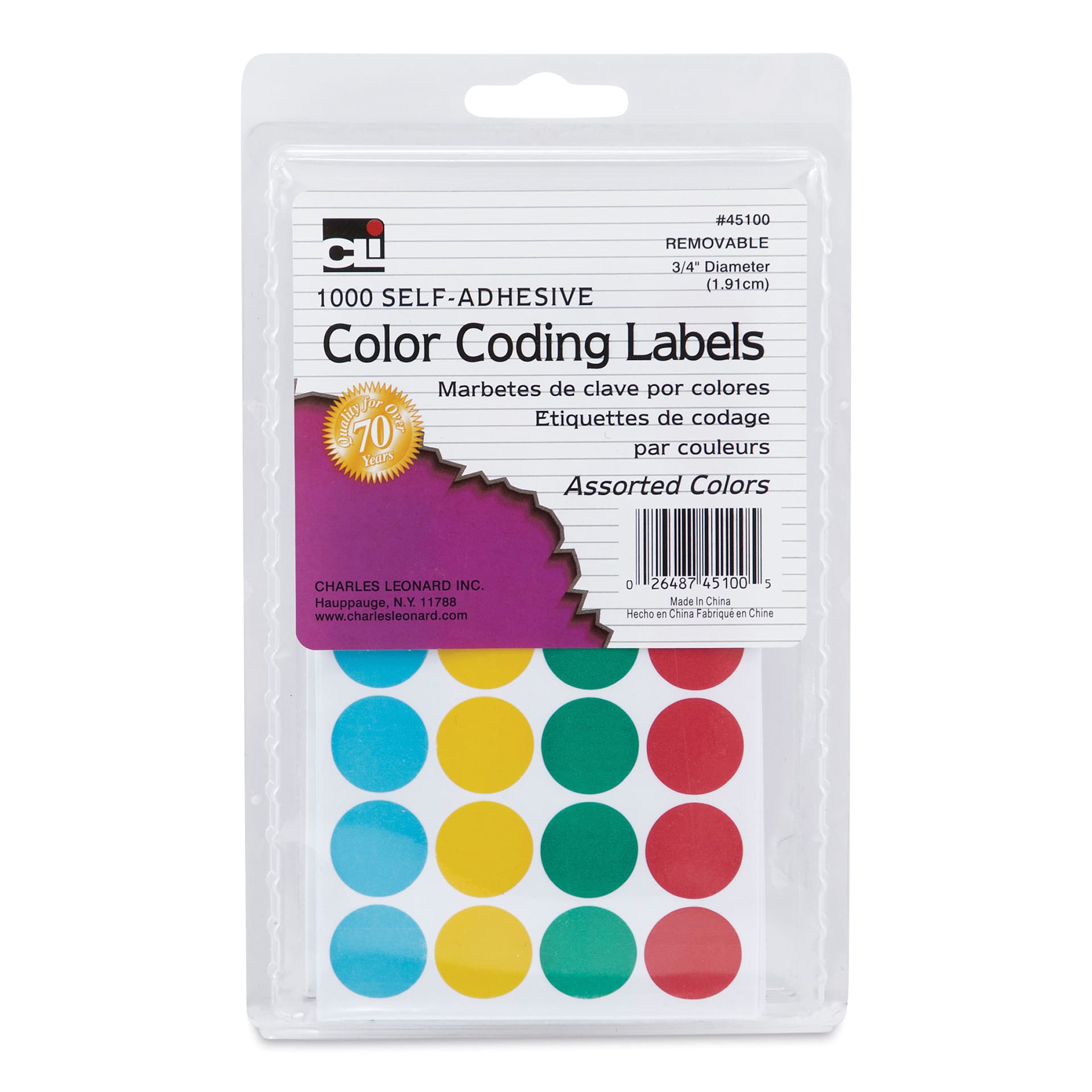Charles Leonard Color Coding Labels - Pkg of 1000, Assorted, 3/4" front of packaging