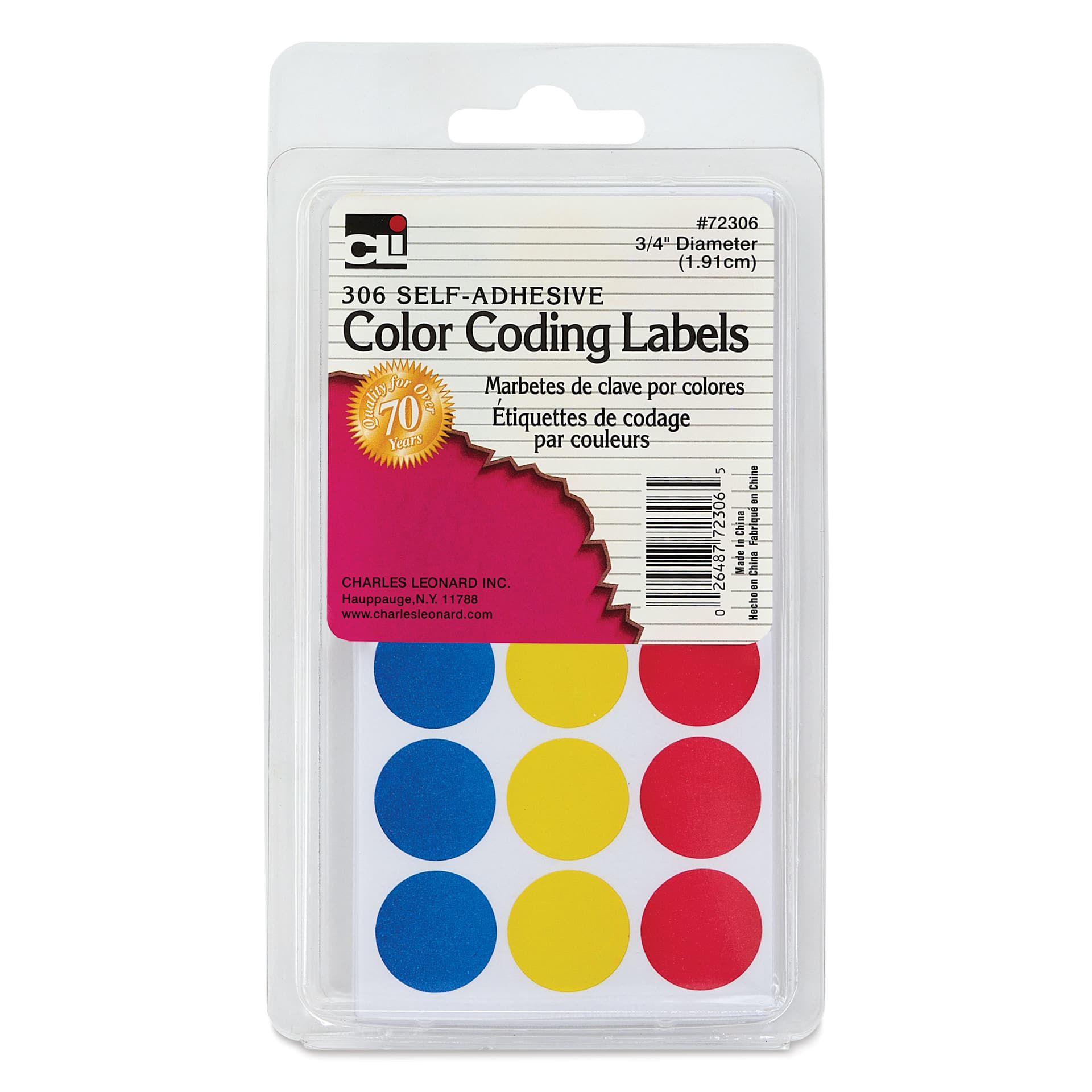 Charles Leonard Color Coding Labels - Pkg of 306, Assorted, 3/4" front of packaging