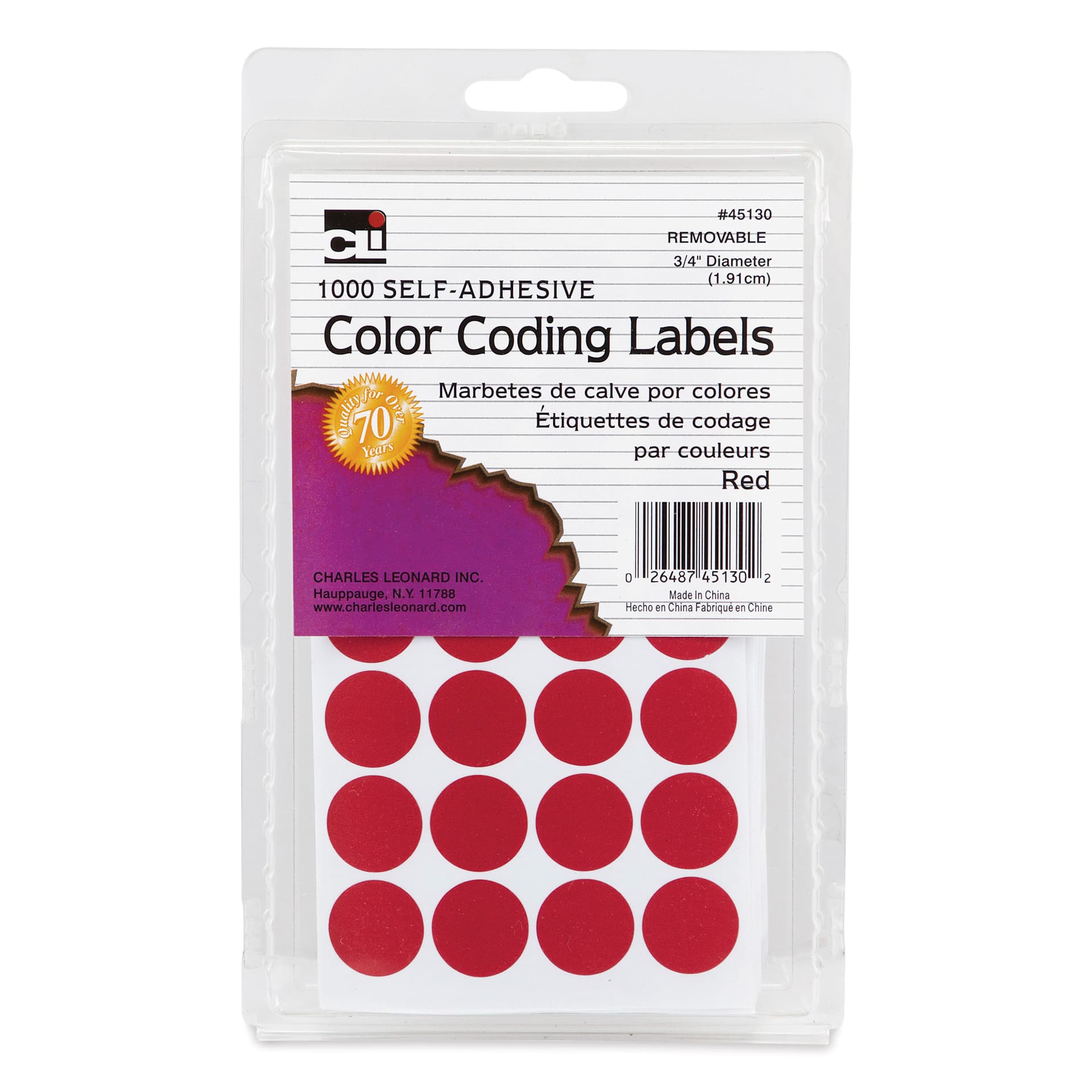 Charles Leonard Color Coding Labels - Pkg of 1000, Red, 3/4" front of packaging
