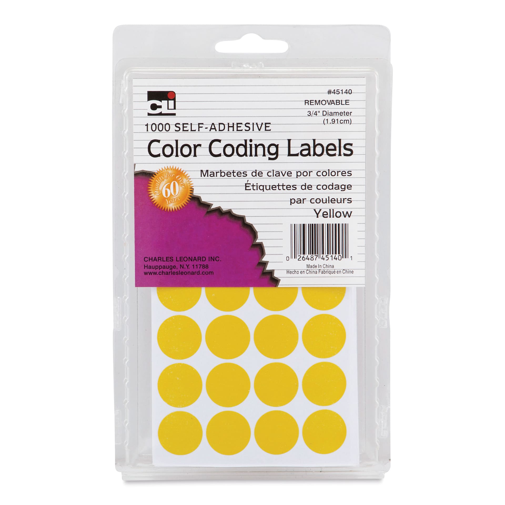 Charles Leonard Color Coding Labels - Pkg of 1000, Yellow, 3/4" front of packaging