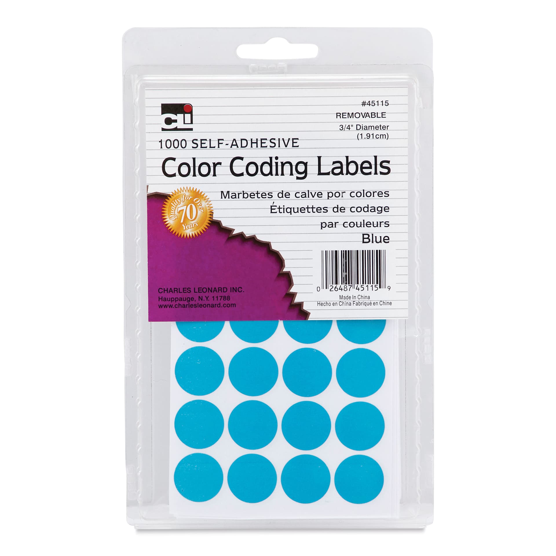 Charles Leonard Color Coding Labels - Pkg of 1000, Blue, 3/4" front of packaging