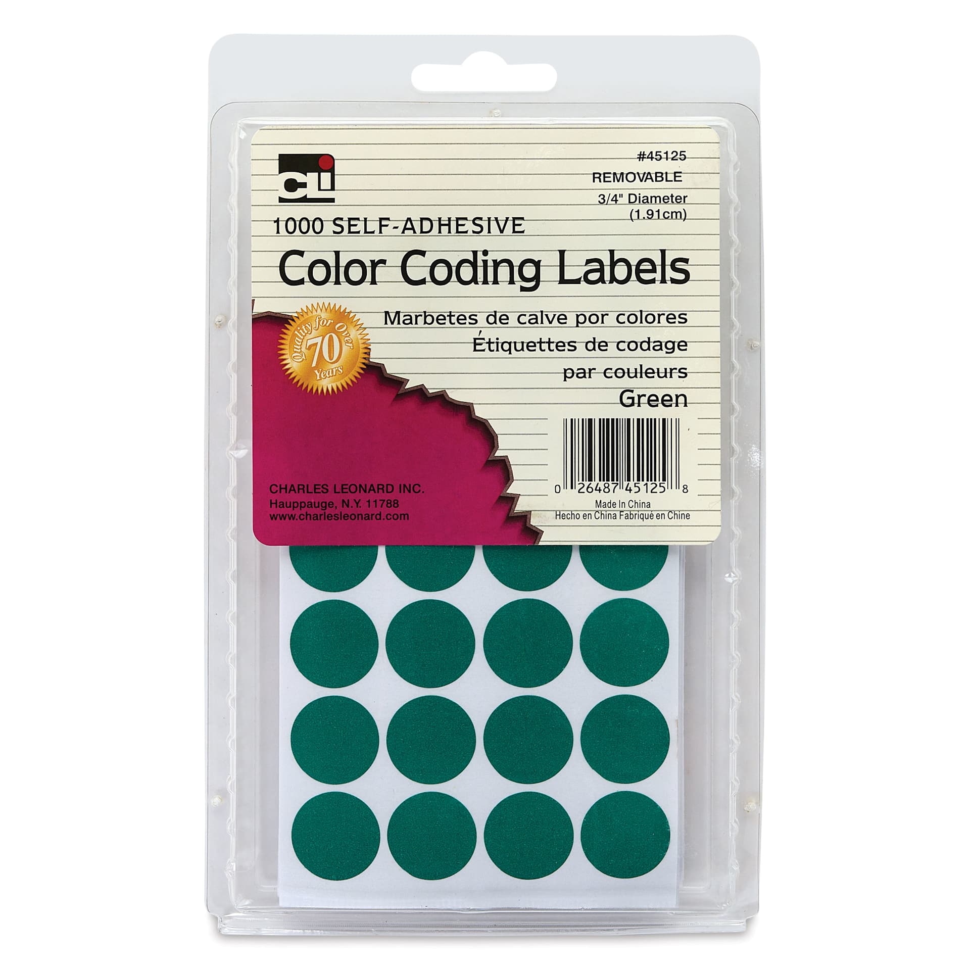 Charles Leonard Color Coding Labels - Pkg of 1000, Green, 3/4" front of packaging