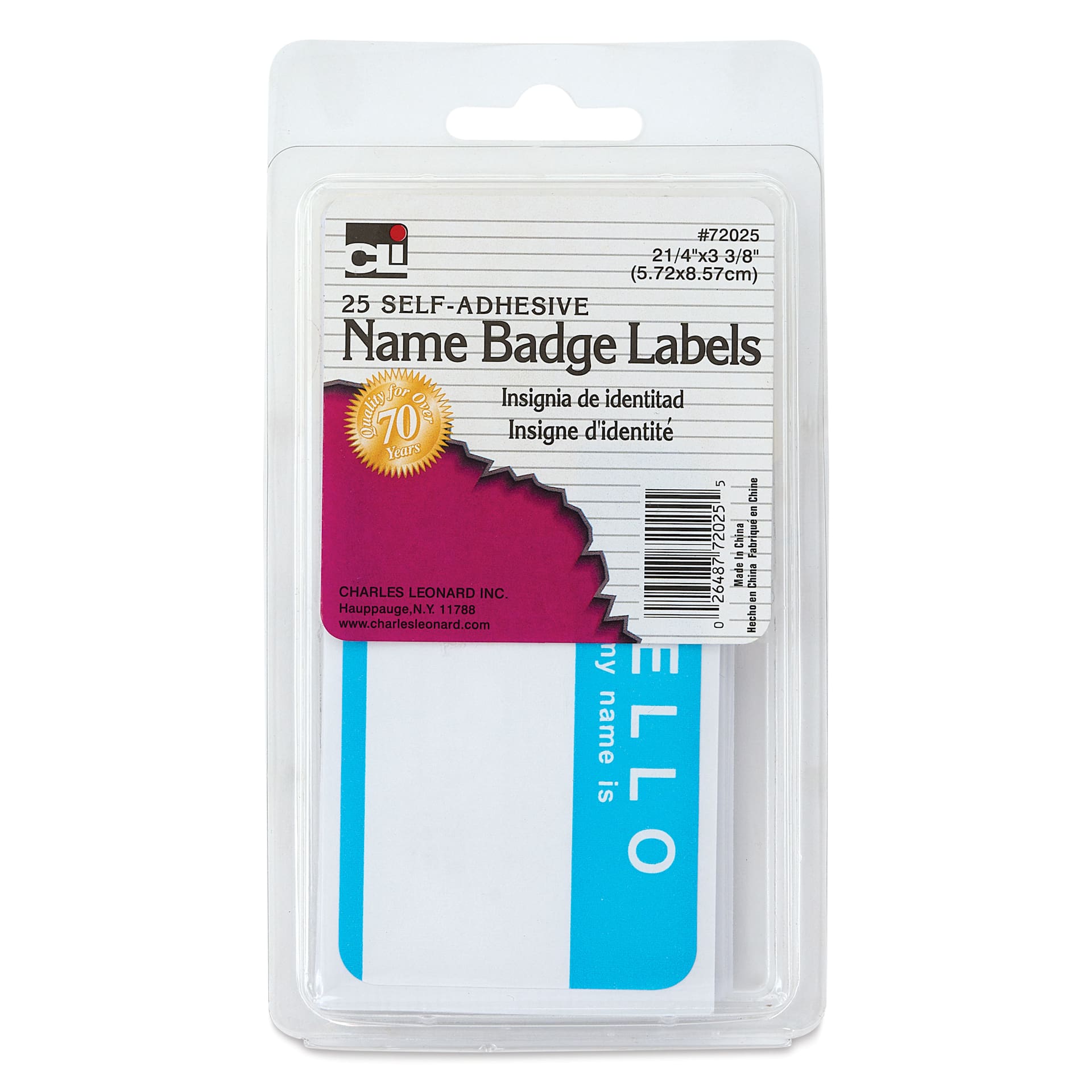 Charles Leonard Self-Adhesive Hello Name Badges front of packaging