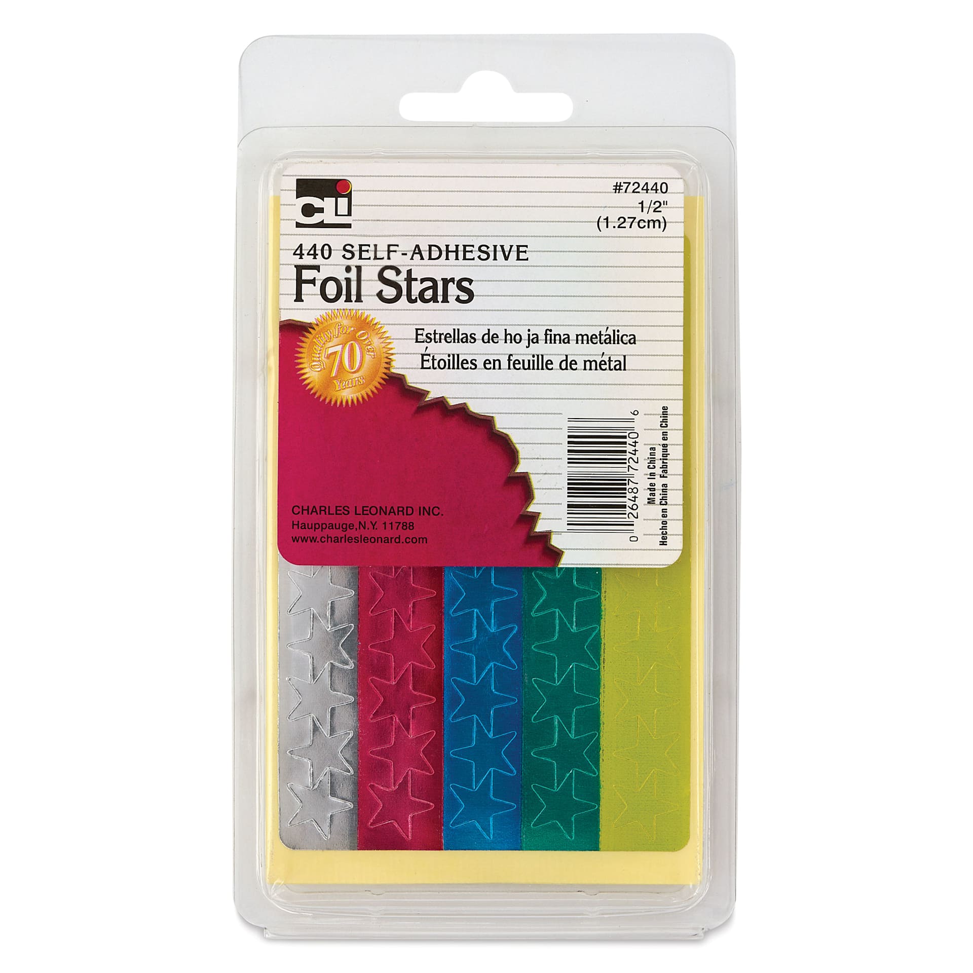 Charles Leonard Foil Star Stickers - Pkg of 440, 1/2" front of packaging