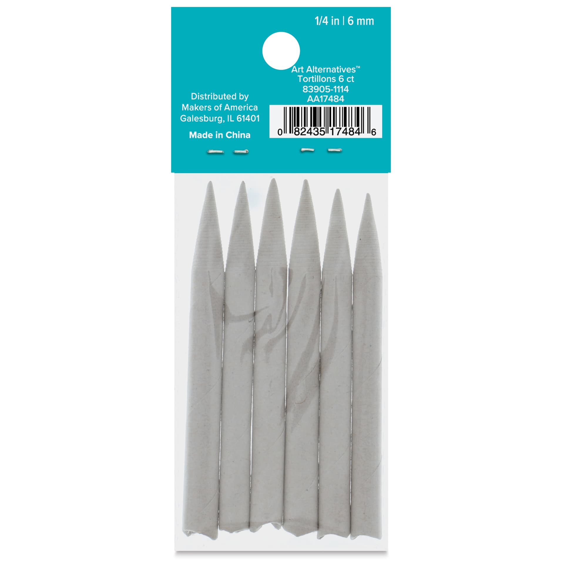 Art Alternatives Tortillons, Medium, 6/Pkg., 1/4", out of packaging, back of packaging