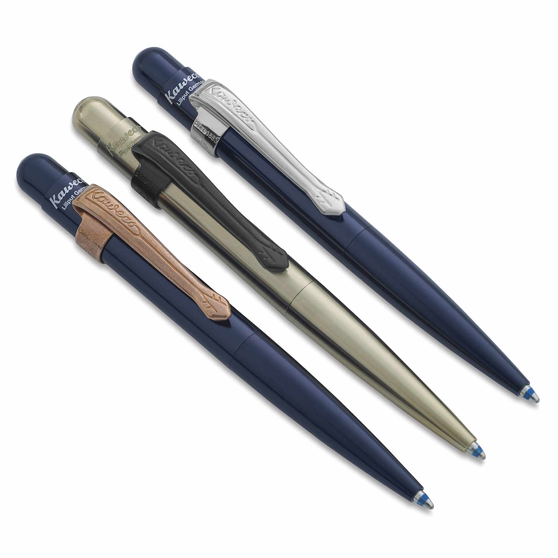 Kaweco Liliput Ballpoint Pen Clips, shown clipped on three pens (not included)