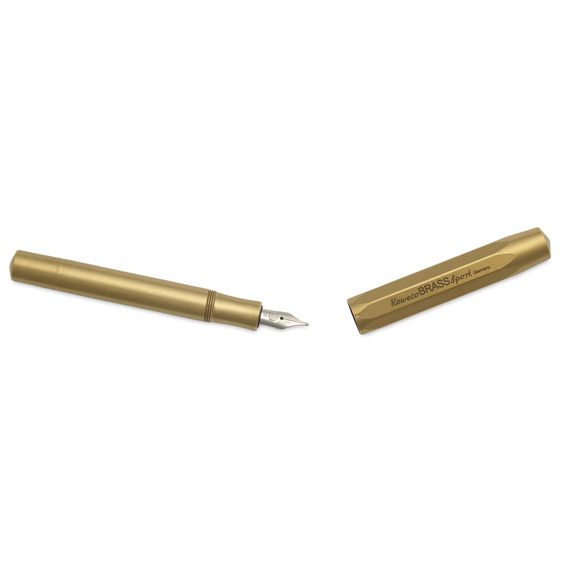 Kaweco Brass Sport Fountain Pen - Extra Broad Nib, Blue Ink - pen and cap