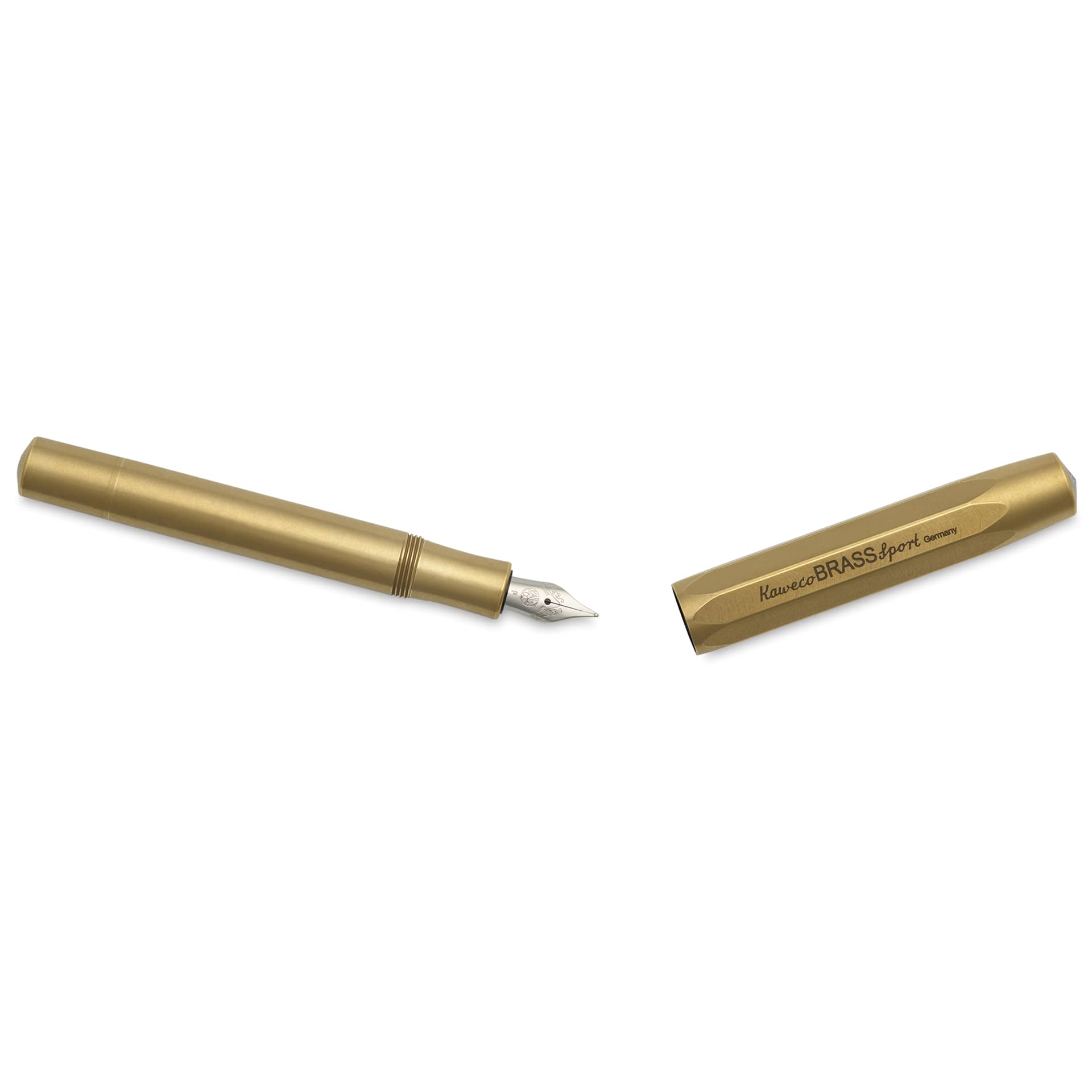 Kaweco Brass Sport Fountain Pen - Fine Nib, Blue Ink - pen and cap