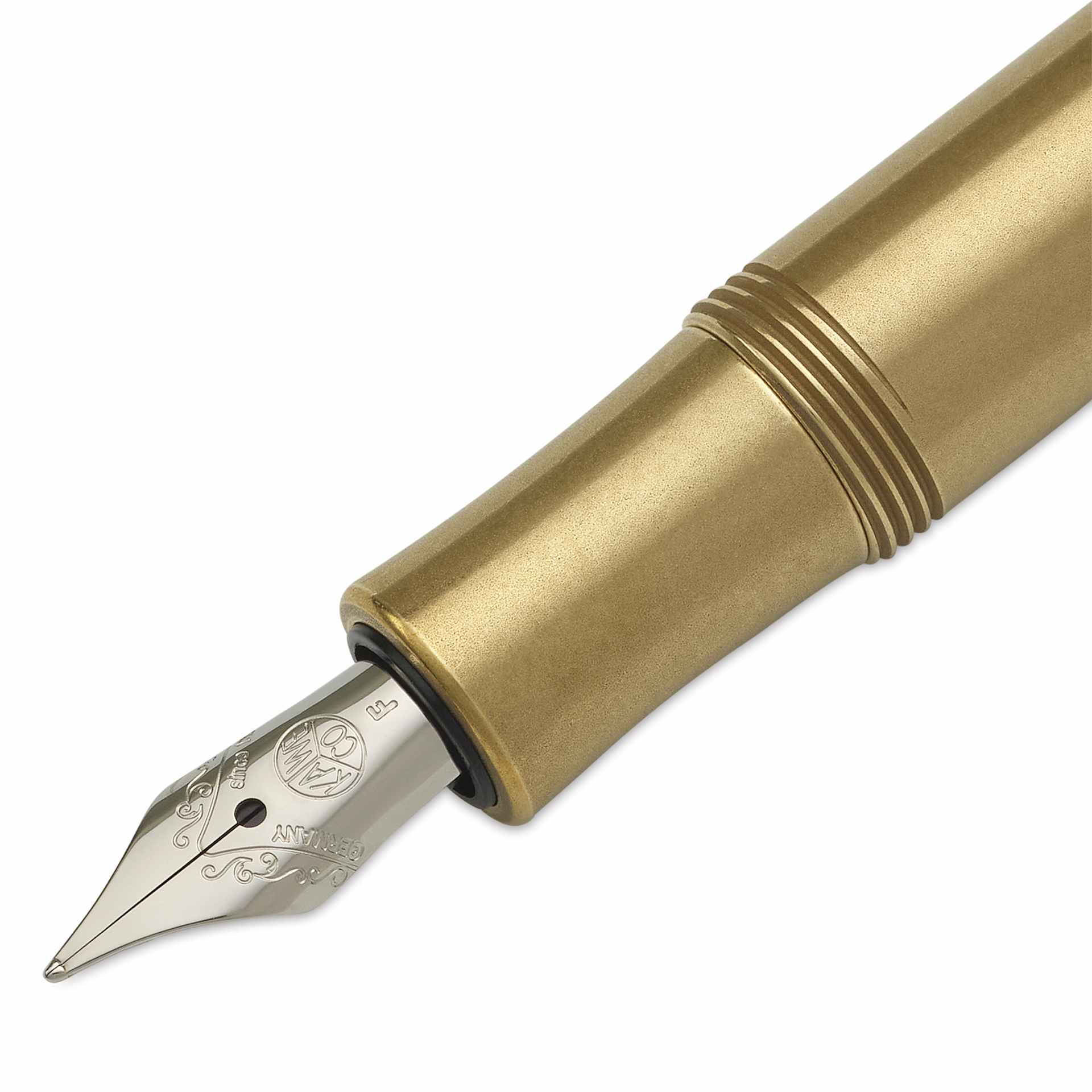 Kaweco Brass Sport Fountain Pen - Fine Nib, Blue Ink - close-up of tip
