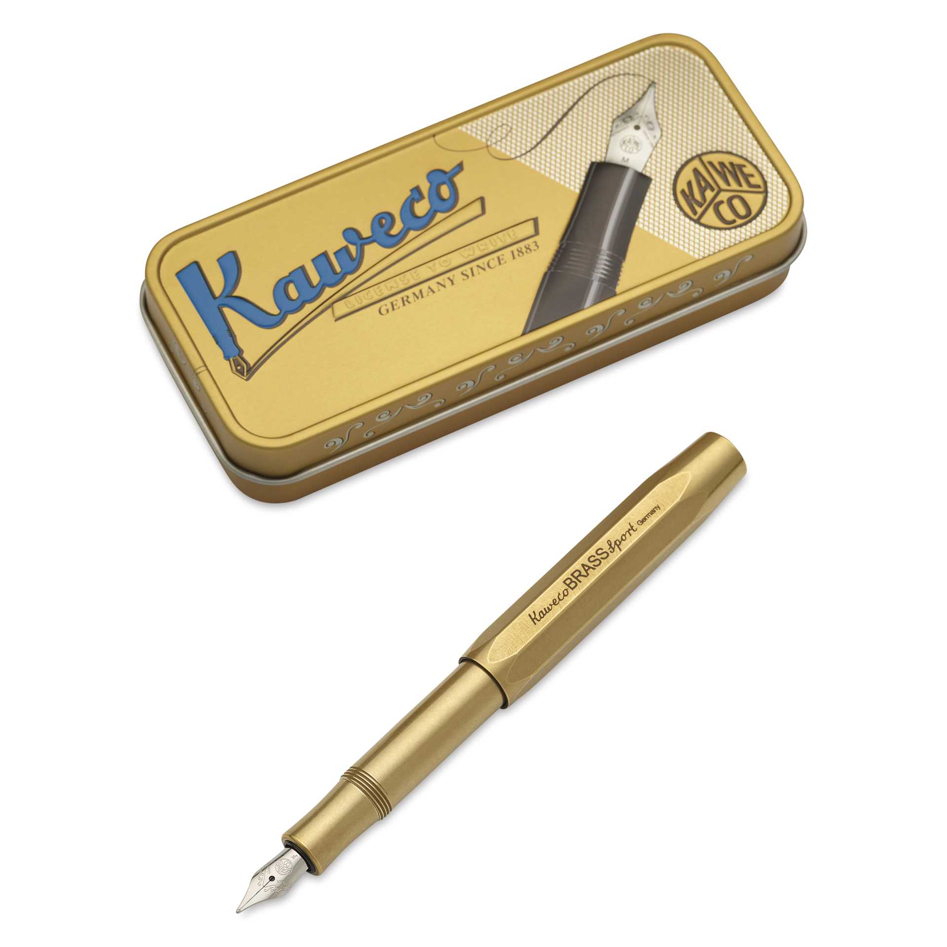Kaweco Brass Sport Fountain Pen - Fine Nib, Blue Ink - pen and packaging