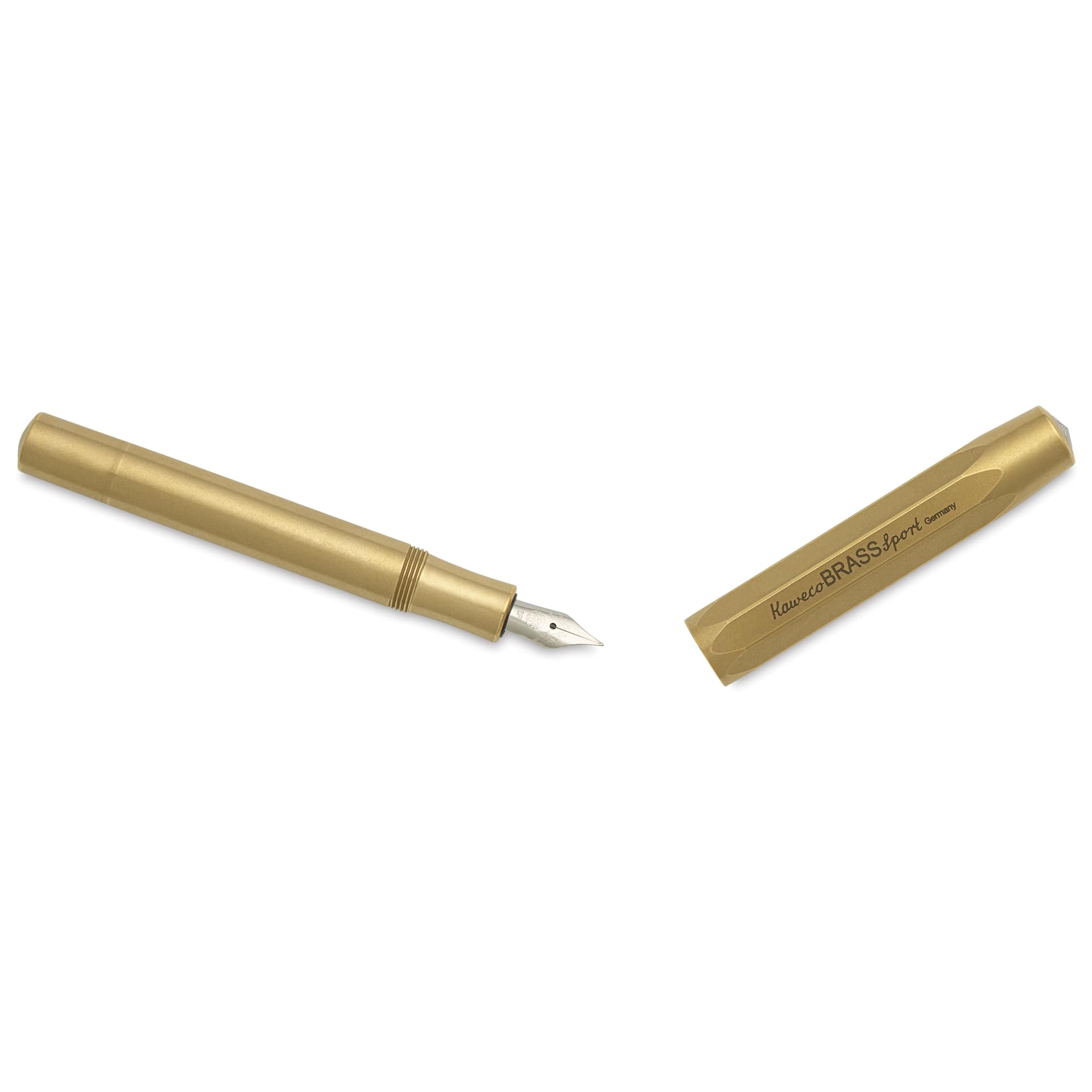 Kaweco Brass Sport Fountain Pen - Extra Fine Nib, Blue Ink - pen and cap
