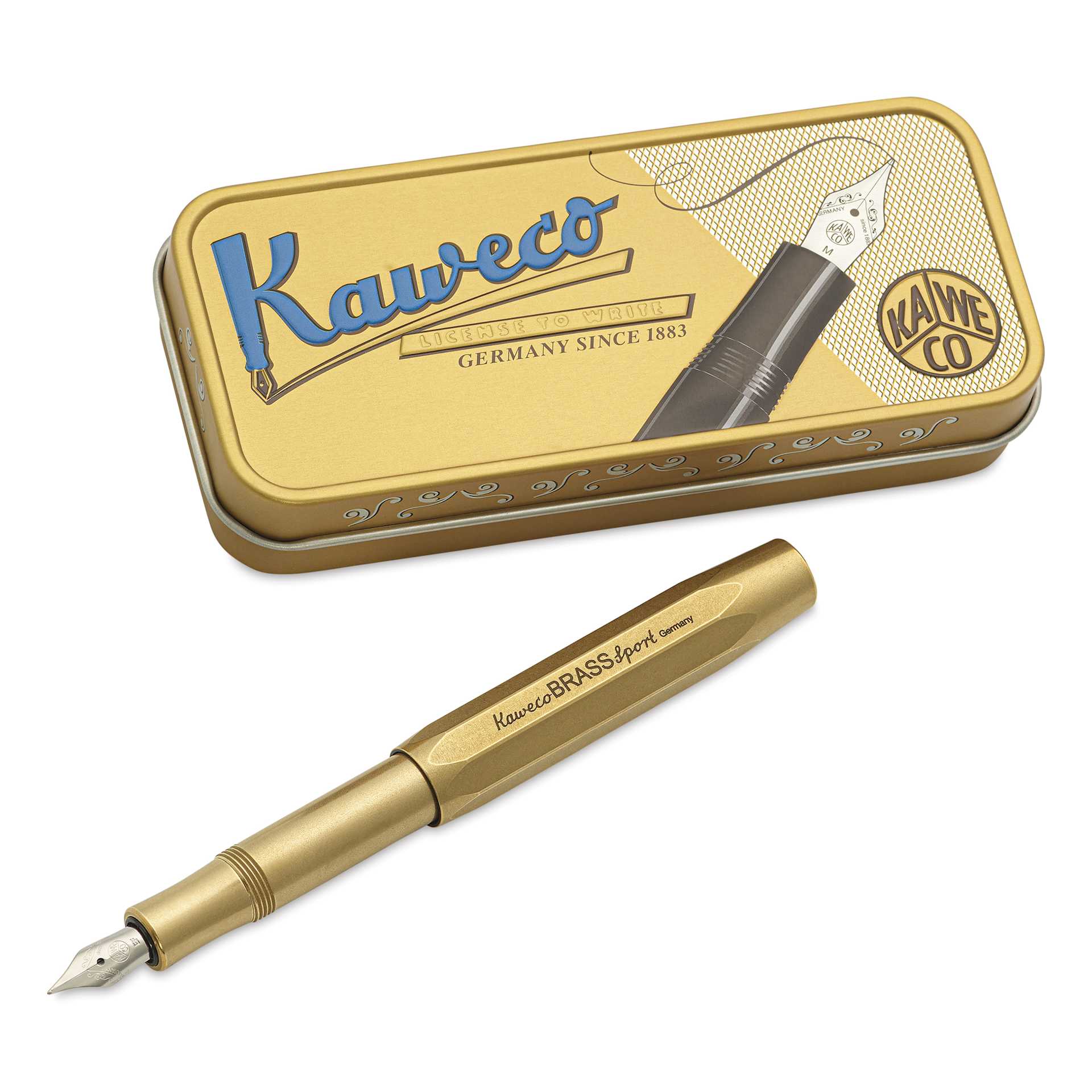 Kaweco Brass Sport Fountain Pen - Extra Fine Nib, Blue Ink - pen and packaging