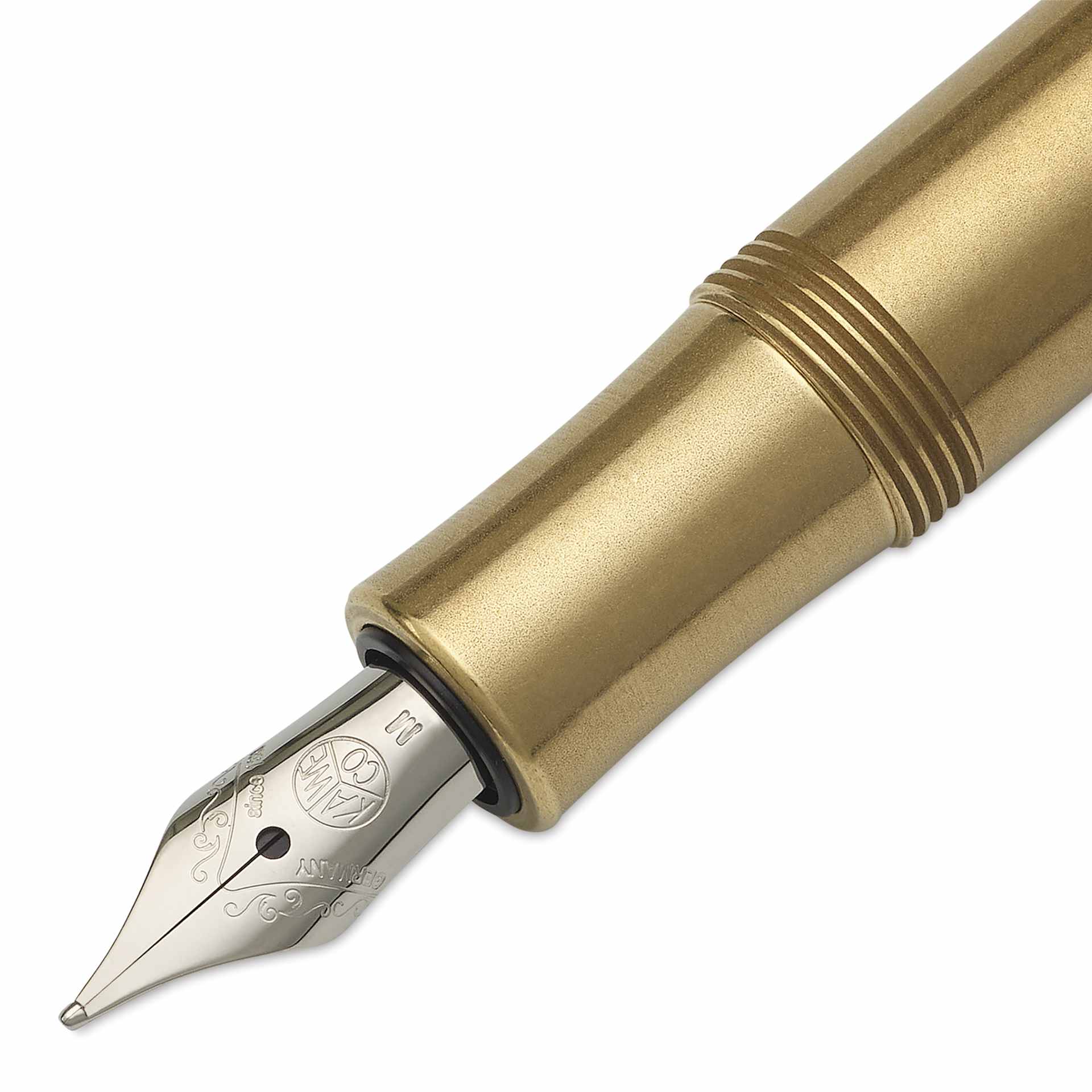 Kaweco Brass Sport Fountain Pen - Medium Nib, Blue Ink - close-up of tip