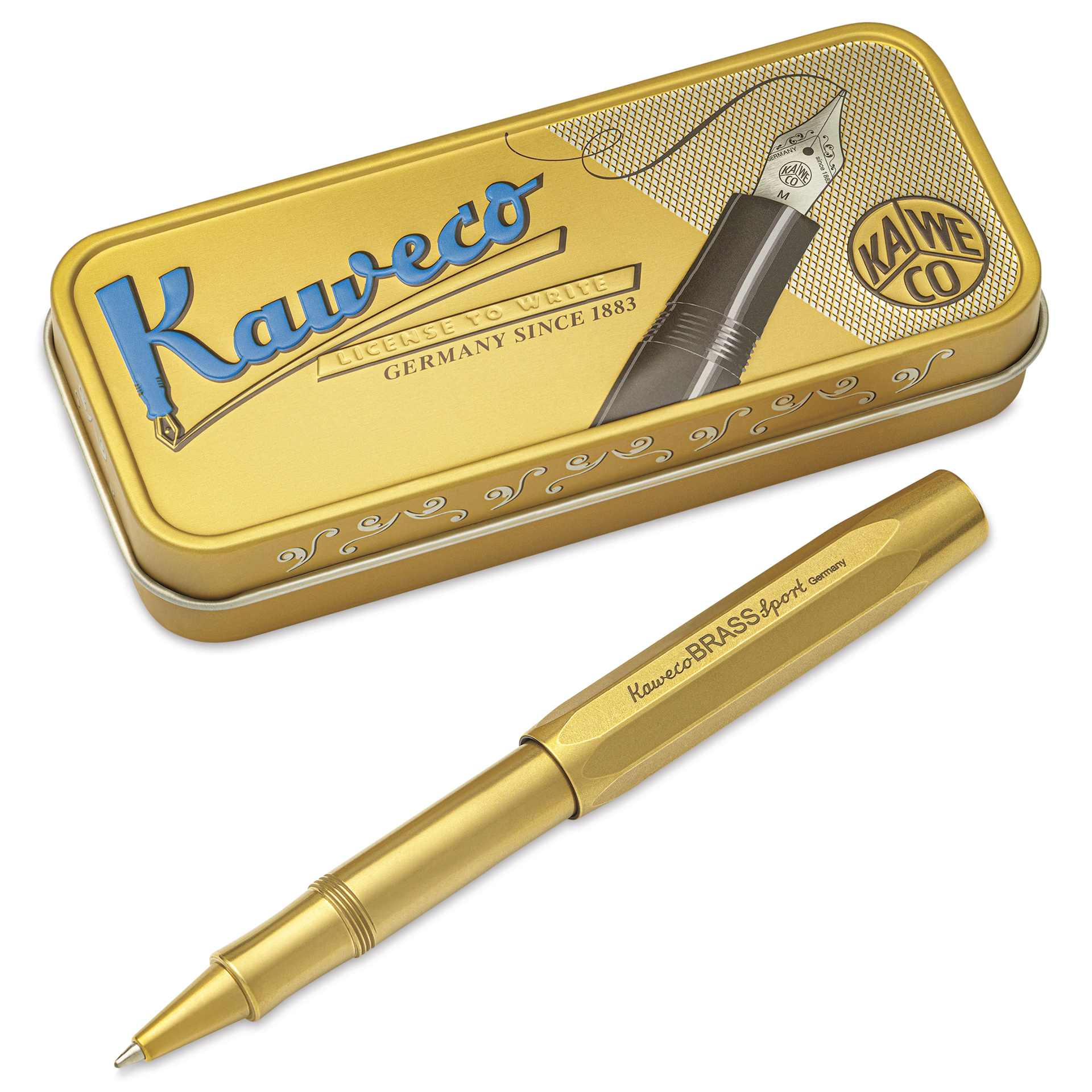 Kaweco Brass Sport Rollerball Pen - Black Ink - pen and packaging