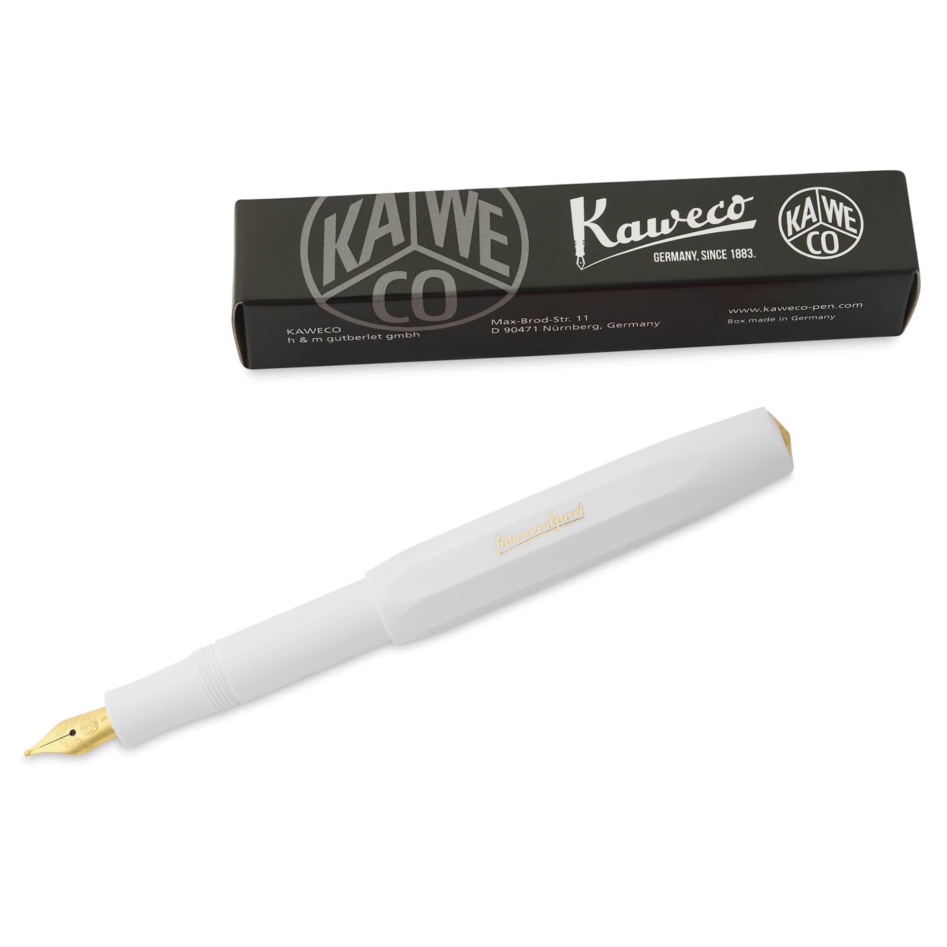 Kaweco Classic Sport Fountain Pen - White, Broad, pen next to the packaging