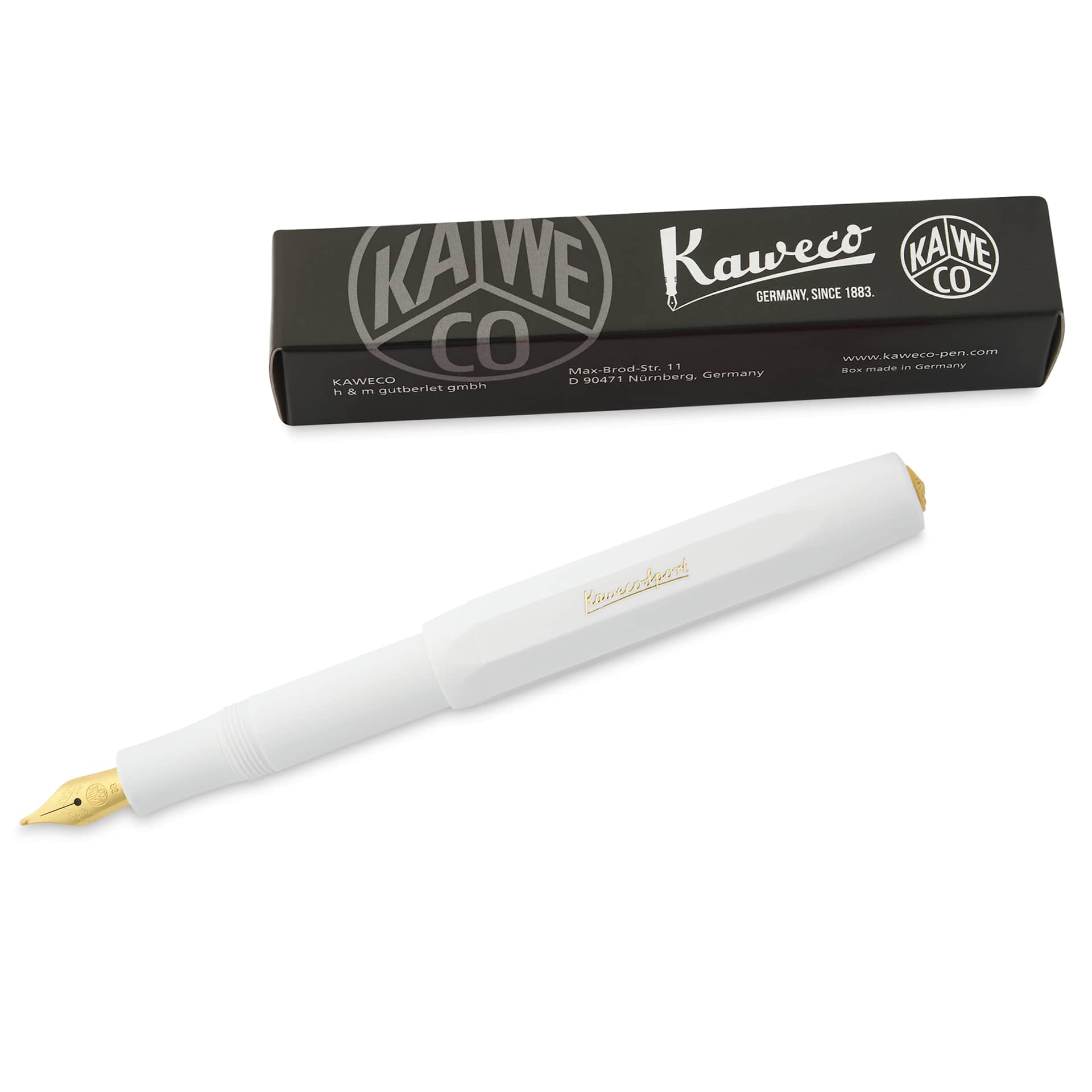 Kaweco Classic Sport Fountain Pen - White, Extra-Broad, pen next to the packaging