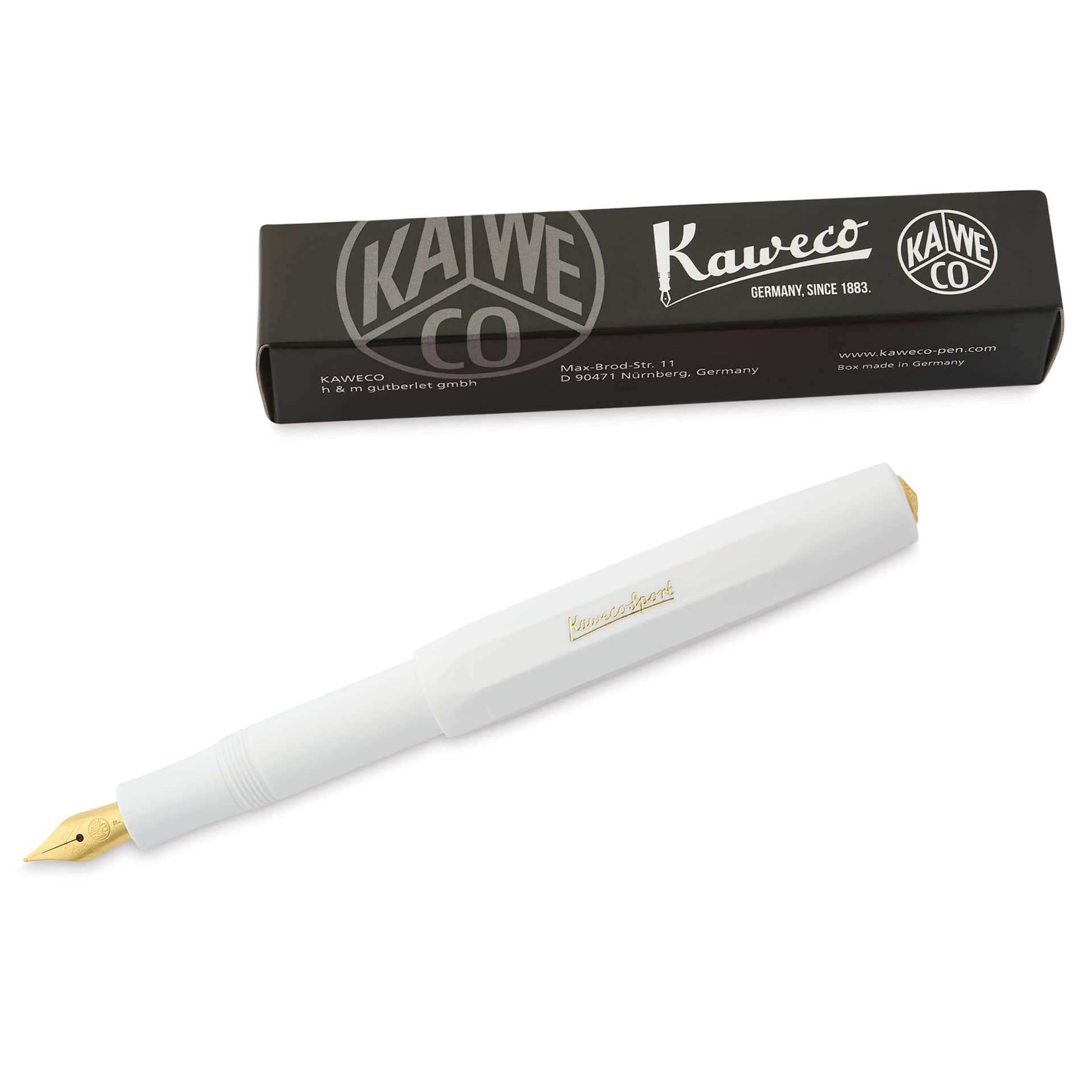 Kaweco Classic Sport Fountain Pen - White, Fine, pen next to the packaging