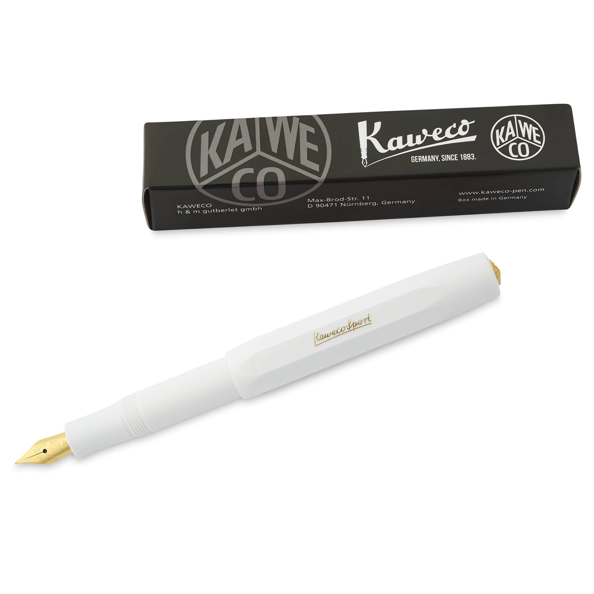 Kaweco Classic Sport Fountain Pen - White, Extra-Fine, next to the packaging
