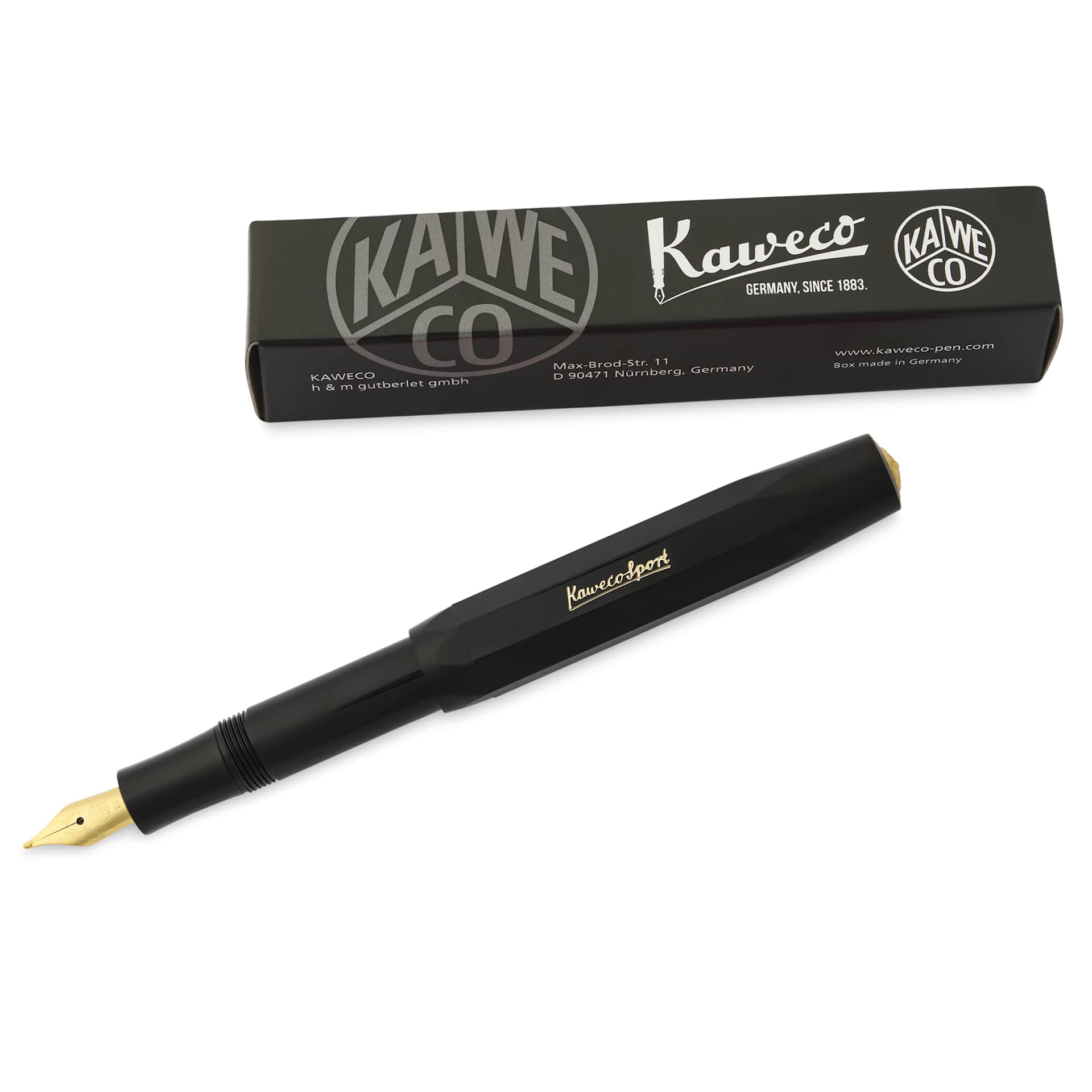 Kaweco Classic Sport Fountain Pen - Black, Extra-Broad, pen next to the packaging