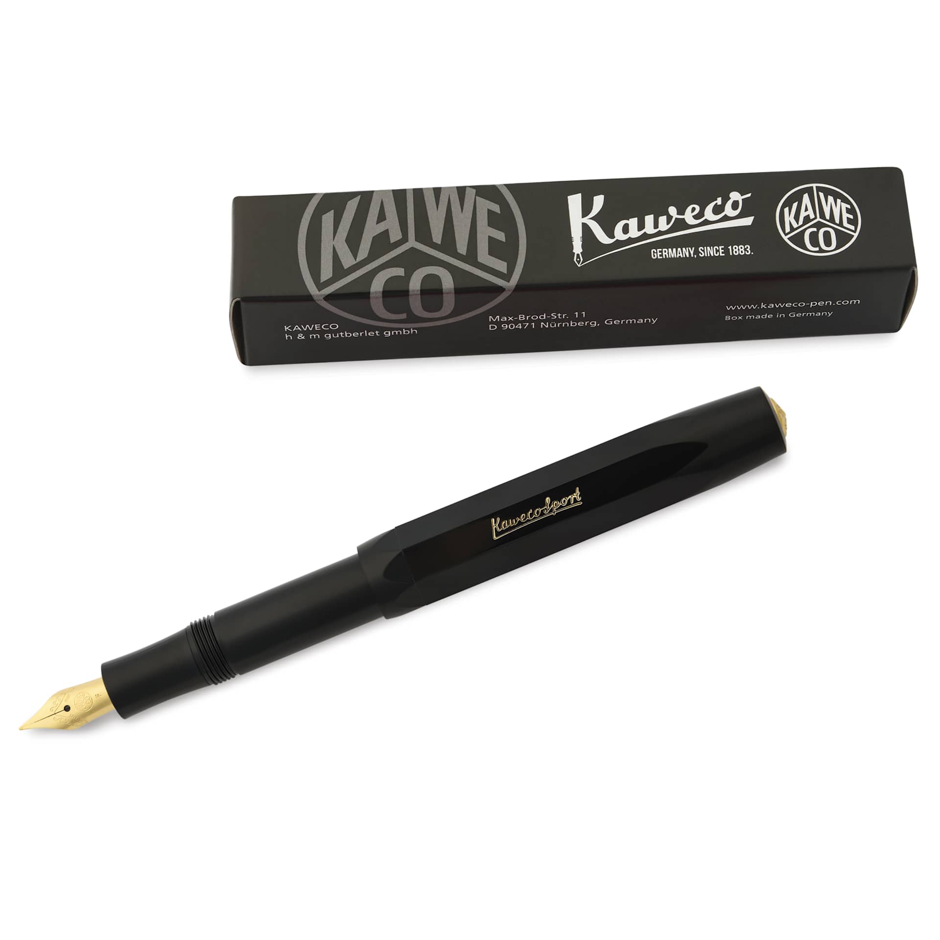 Kaweco Classic Sport Fountain Pen - Black, Fine, pen next to packaging