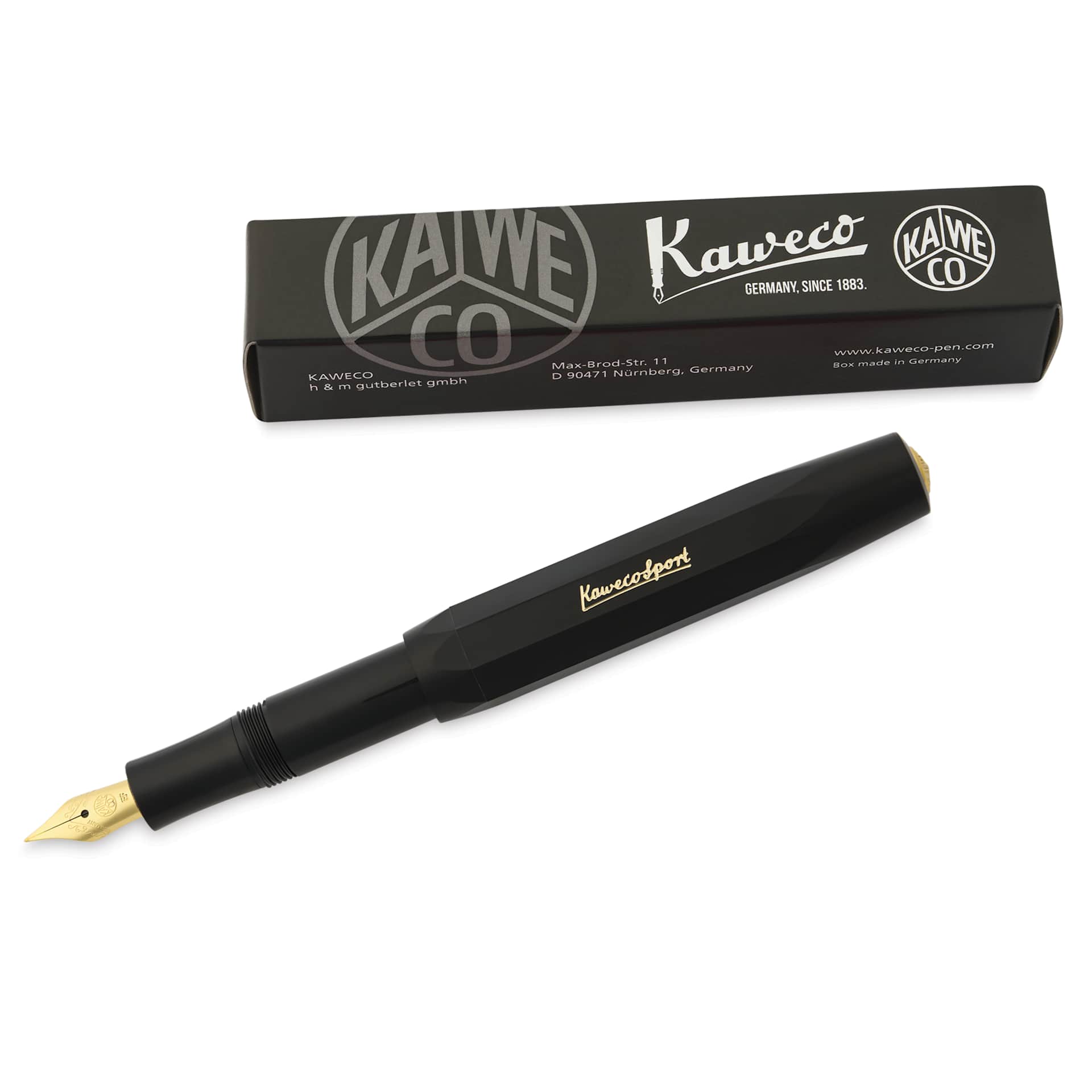 Kaweco Classic Sport Fountain Pen - Black, Extra-Fine, pen laid out next to packaging