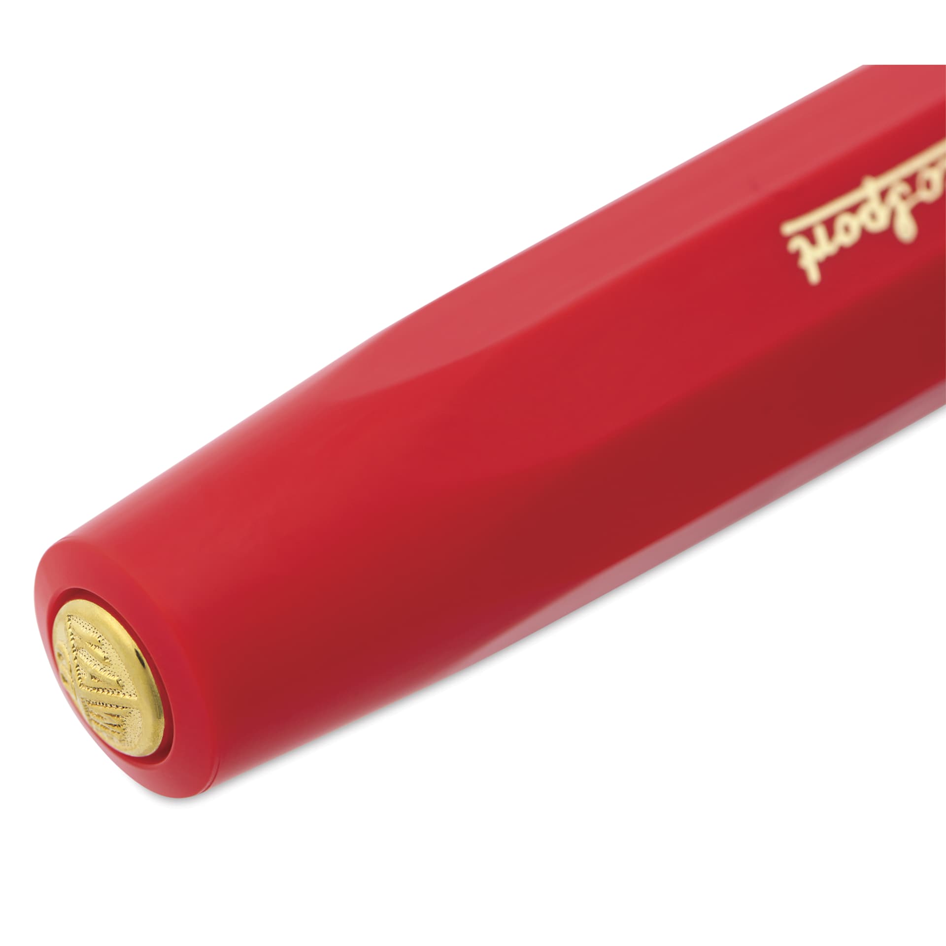 Kaweco Classic Sport Fountain Pen - Red, Extra-Broad, close-up of the brand's seal on the cap