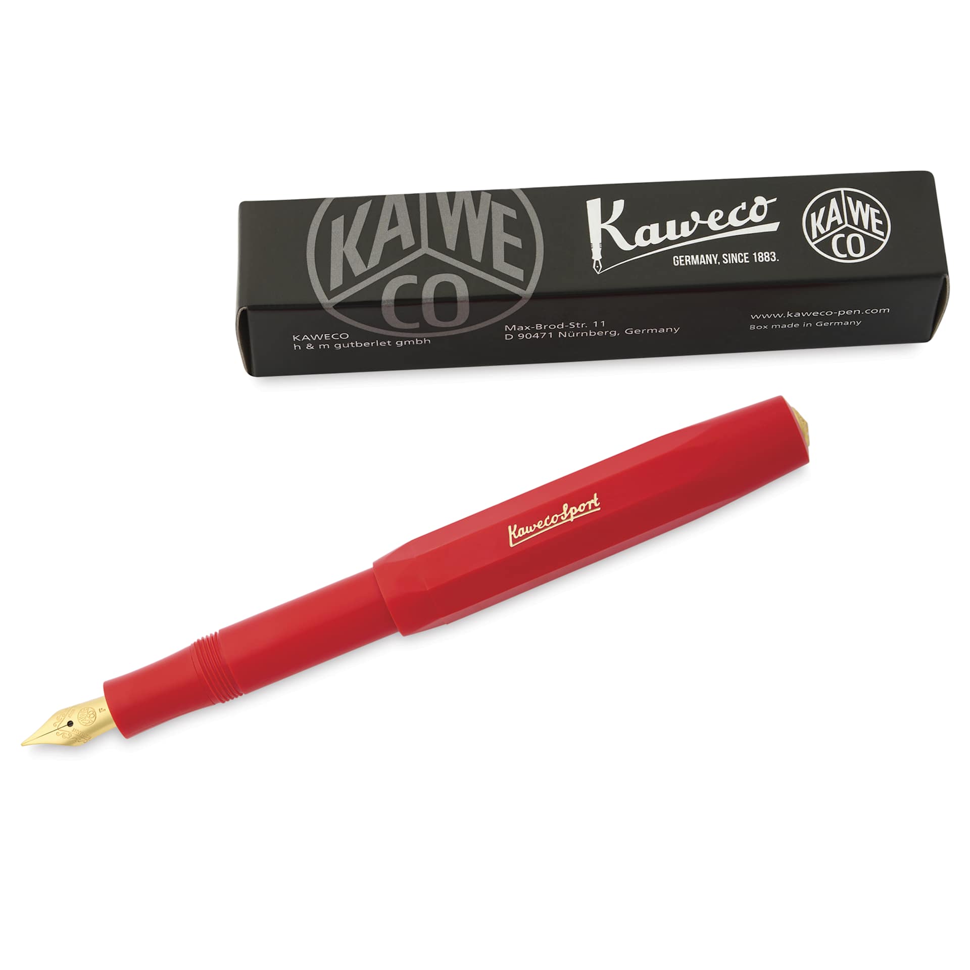 Kaweco Classic Sport Fountain Pen - Red, Fine, pen next to the packaging