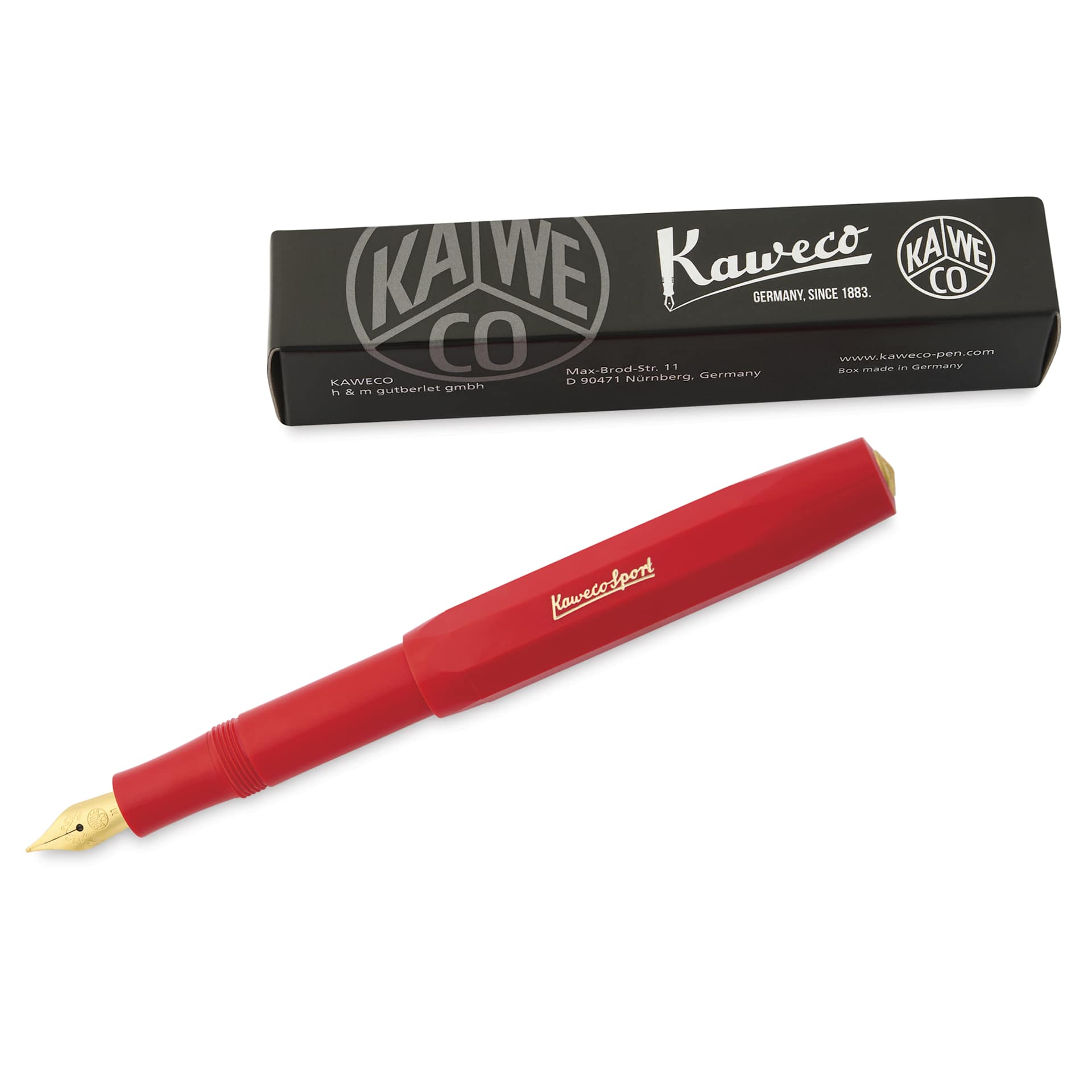 Kaweco Classic Sport Fountain Pen - Red, Medium, pen next to the packaging