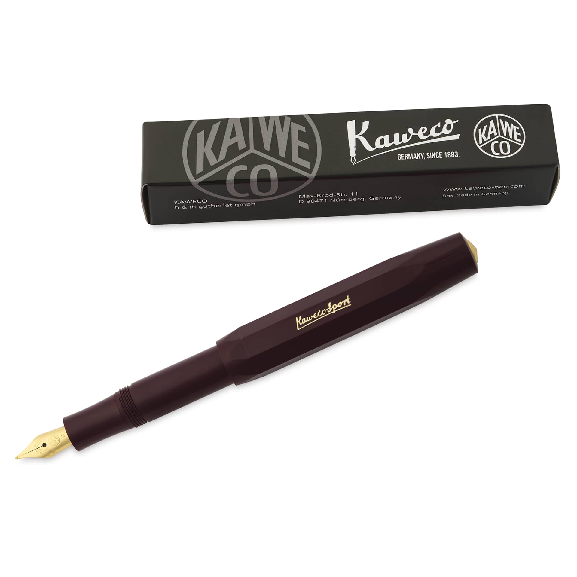 Kaweco Classic Sport Fountain Pen - Bordeaux, Medium, pen next to packaging